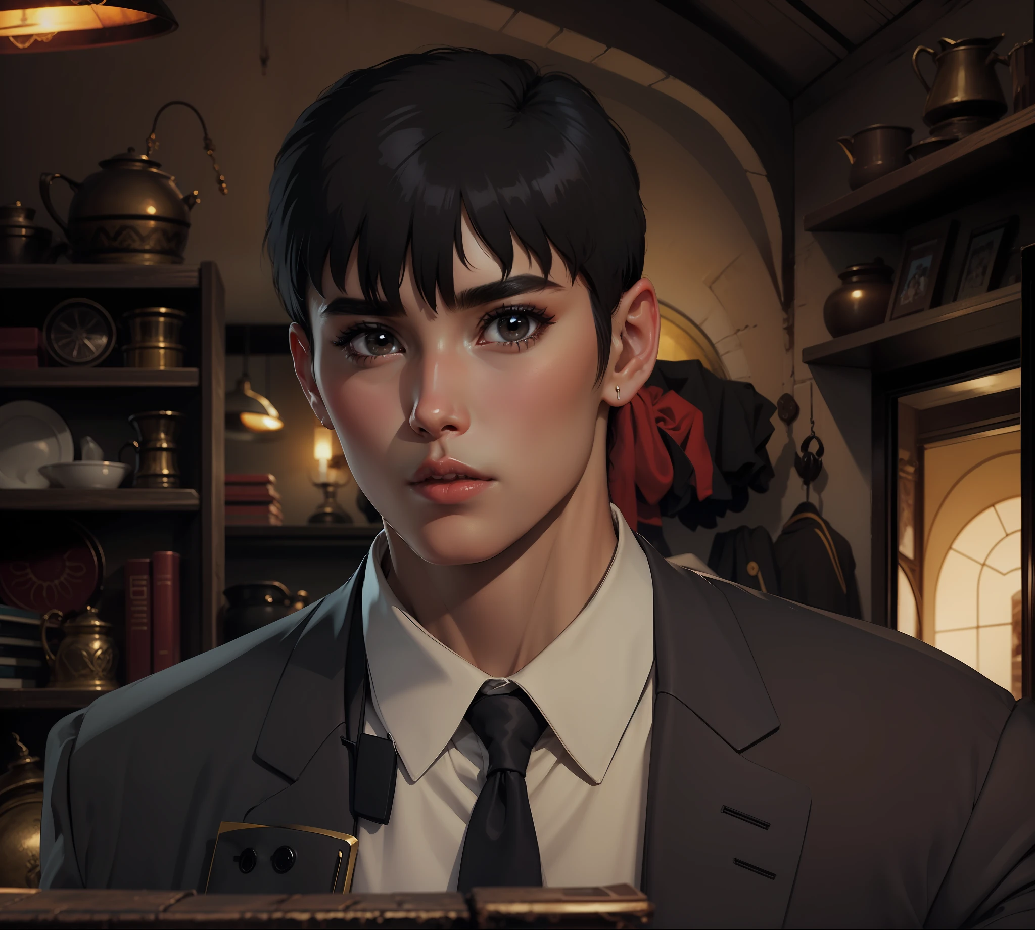 Black hair, brown eyes