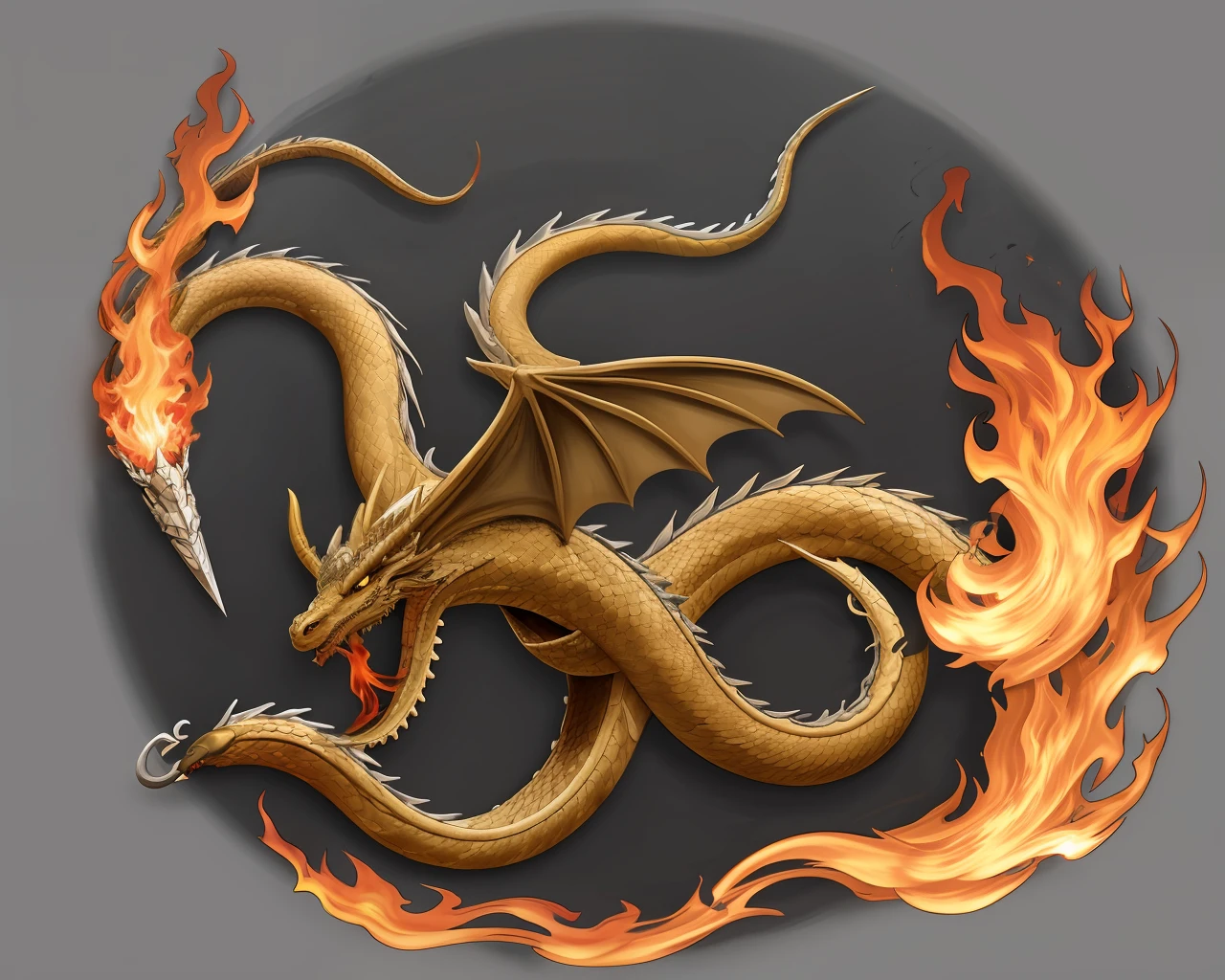 a black and gold dragon with a white tail on a gray background, dragon snake with wings, smooth chinese dragon, fire flaming serpent, fire flaming dragon serpent, curved horned dragon!, dragon with scars, chinese dragon concept art, lung dragon, a majestic gothic indian dragon, dragon centered, dragon tailed, great mystical winged serpent, dragon blowing fire above, jormungandr