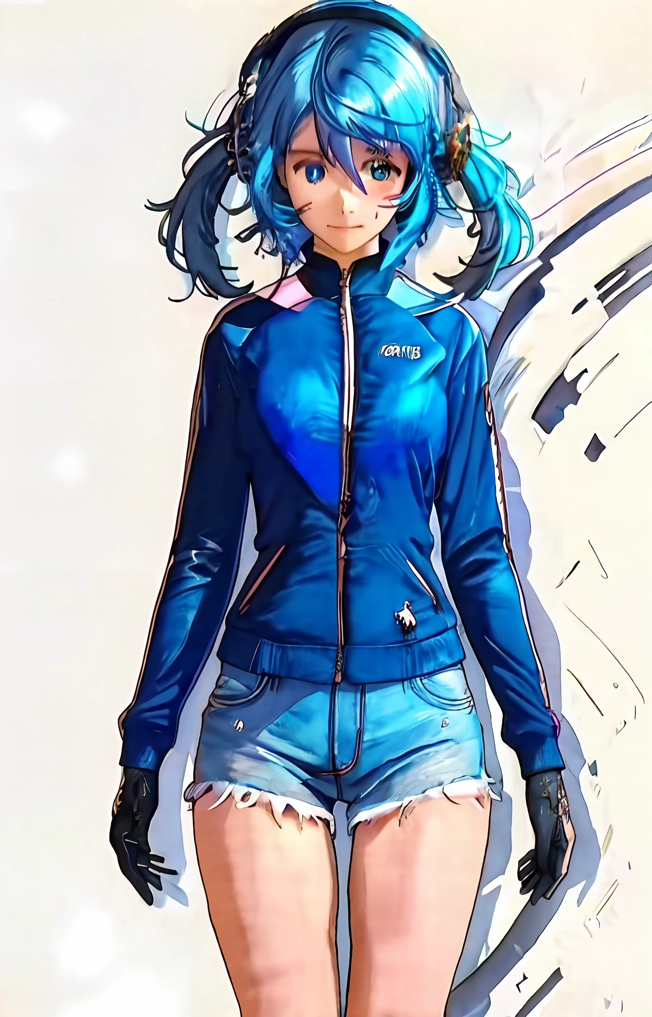 anime girl with blue hair and blue shorts and black gloves, 2 d anime style, cyberpunk anime girl, cyberpunk anime girl in hoodie, anime style 4 k, female cyberpunk anime girl, by Yuumei, digital cyberpunk anime art, anime girl of the future, girl with blue hair, modern anime style, anime cyberpunk art, short blue haired woman