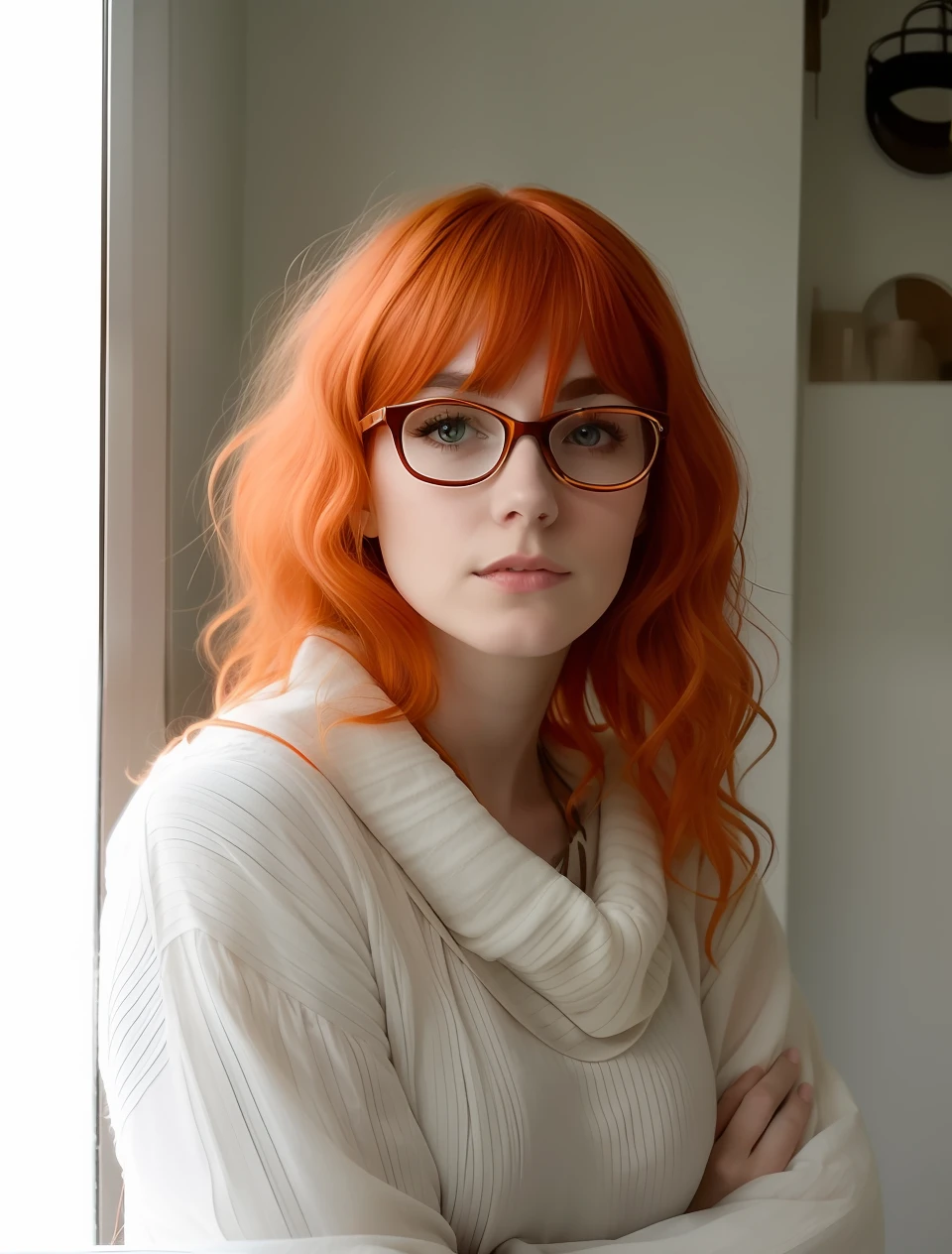 there is a woman with red hair and glasses posing for a picture, orange hair,gorgeous, huge breast, 25 years old, long orange hair, bright orange hair, she has long redorange hair, orange glowing hair, very long orange hair, long wavy orange hair, orange skin and long fiery hair, inspired by Nína Tryggvadóttir, long shaggy red hair, orange halo around her head