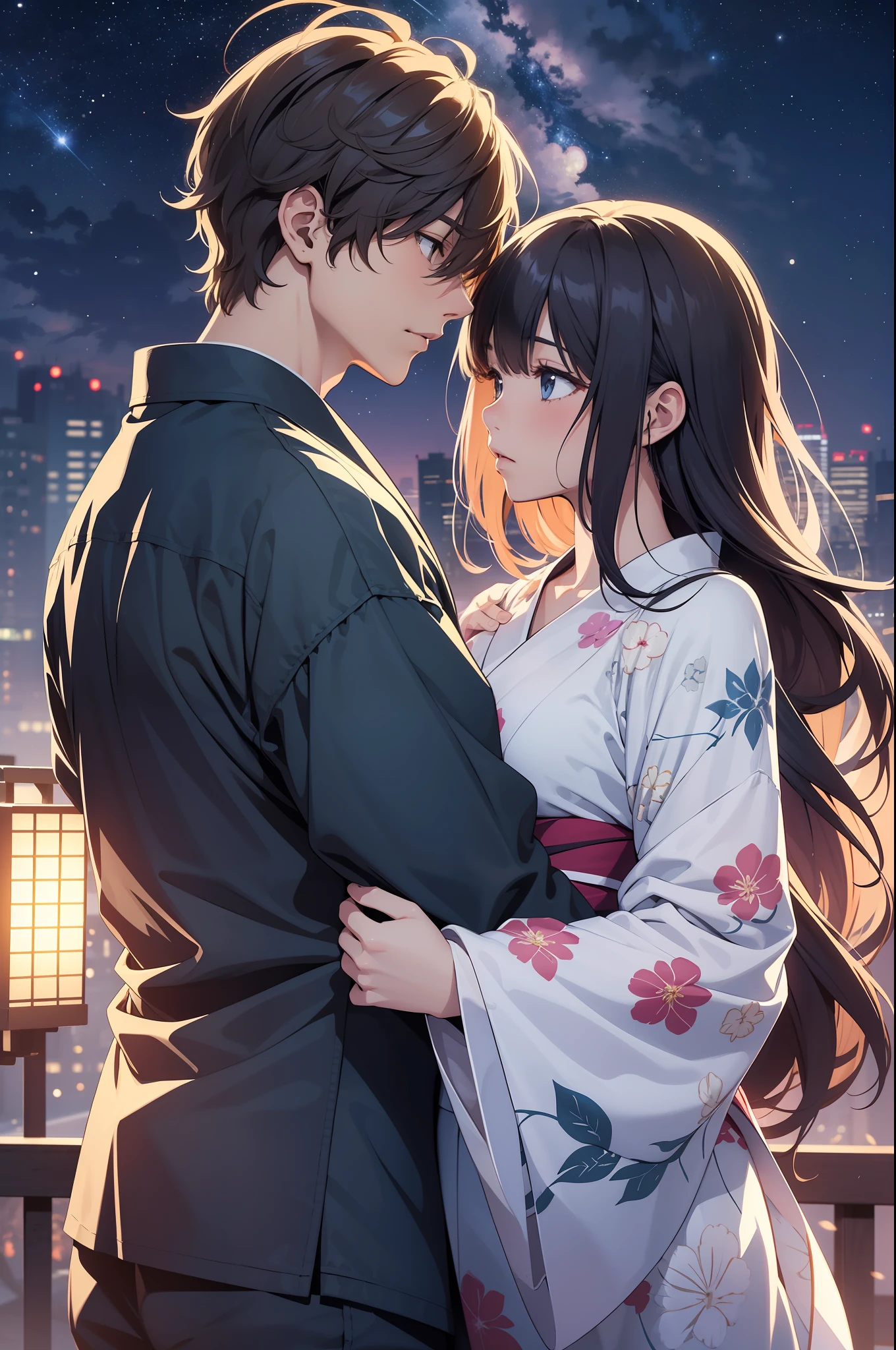 Anime couple in kimono kimono Kimono kimono and kimono kimono woman kimono, anime style 4 K, anime wallpaper 4 K, anime wallpaper 8 K, 4K anime wallpaper, anime art wallpaper 4 K, anime art wallpaper 4K, 4K manga wallpaper, Gwaitz, Los Tran and Makoto Shinkai style artwork, male and female couples hugging each other as the starry sky sparkles, Capture the moment of exchanging kisses. Women wear yukata that shows their chests, and men wear yukata for men. The scene is depicted in an anime-inspired style, meticulously drawn in every detail and presented in 16k high resolution. The lighting is fantastic, with the intersection of starlight and moonlight, softly illuminating the couple. The colors take advantage of the contrast between the vivid colors of the yukata and the deep blue and white of the starry sky. For compositions, use a medium telephoto lens and make sure the couple is centered on the screen. , shooting stars, detailed facial details (full figure:1.2)