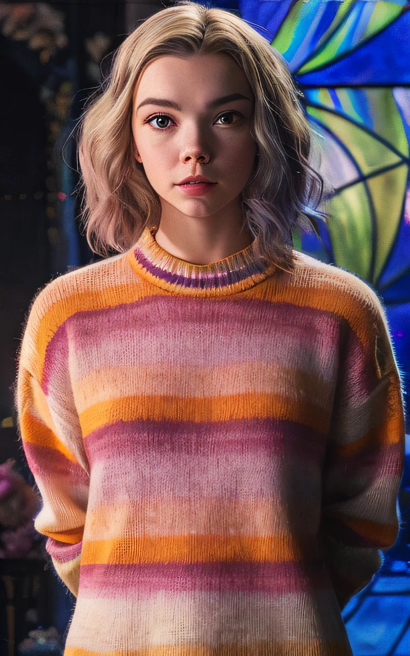 Arafed woman in a colorful sweater standing in front of a stained glass window, Betty Cooper, anya_taylor-joy, Anya Taylor dress - joy, Anya taylor-joy portrait, Anya Taylor - joy, anya taylor-joy, Anya taylor-joy portrait, Anya Taylor joy, Imogen Poots as sacred paladin, elle fanning as an android, bottomless