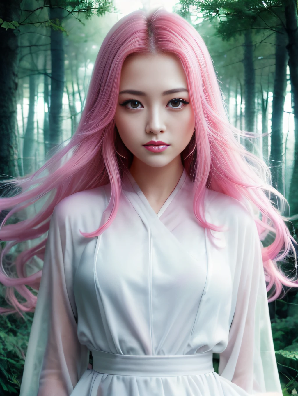 beautiful portrait painting of an anime girl, cute, pink hair, symmetrical face, symmetrical eyes, two identical symmetrical eyes, portrait, beautiful girl, artstation, trending on artstation, gorgeous, smooth skin, cutie, long hair, fantasy style, pastel colors , forest background, FHD, --version 3 --ar 2:3 --uplight --stylize 1250