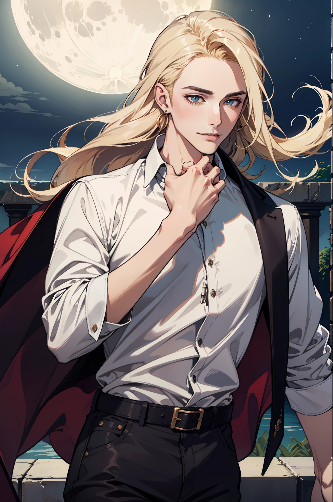(absurdres, highres, ultra detailed), 1man, 30 years old man, adult man, handsome, tall,, finely detailed eyes and detailed face, leather pants, (((white shirt))), night, smile, dutch angle, ((long hair, blonde hair)), moon, gold details, earrings, gothic, vampire, vampire prince, dark, simple clothes, looking at the view, pale skin, red detailed eyes, (masculine), sexy, elegant, long bangs, detailed hands, loocking at the view