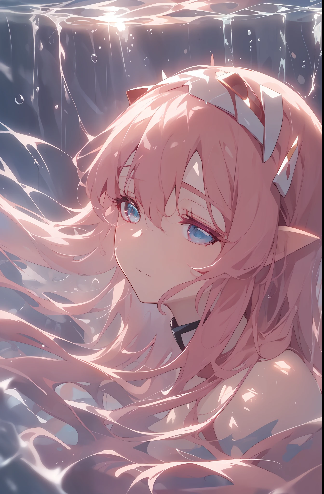 (2D Animation Style: 1.4), (Japanese Animation: 1.9), HD, (Golden Lighting: 1, 4), White Skin, Full Image Light, Horns, (Clear Eyes), White Sunlight, Hair Glow, (((Falling Rain: 1.2), Sunlight, Sun, Waves, (Water Surface), Close Up, Back, Nudity, Back Turn, Glow, Long Pink Hair, Clear Eyes, Prayer, Side, Holy Light, (Clear Clothes), Underwater, 😌 Close your eyes peacefully, bubbles, and water