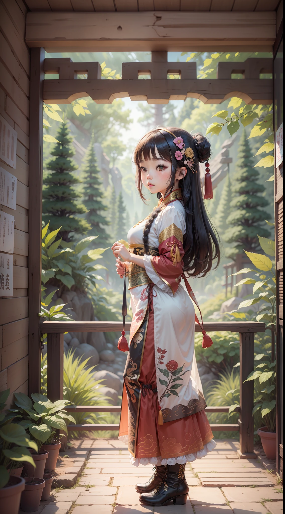 Ethnic style girl, wearing Chinese national clothes on the stone forest, national costumes, Chinese style illustrations, head-up perspective