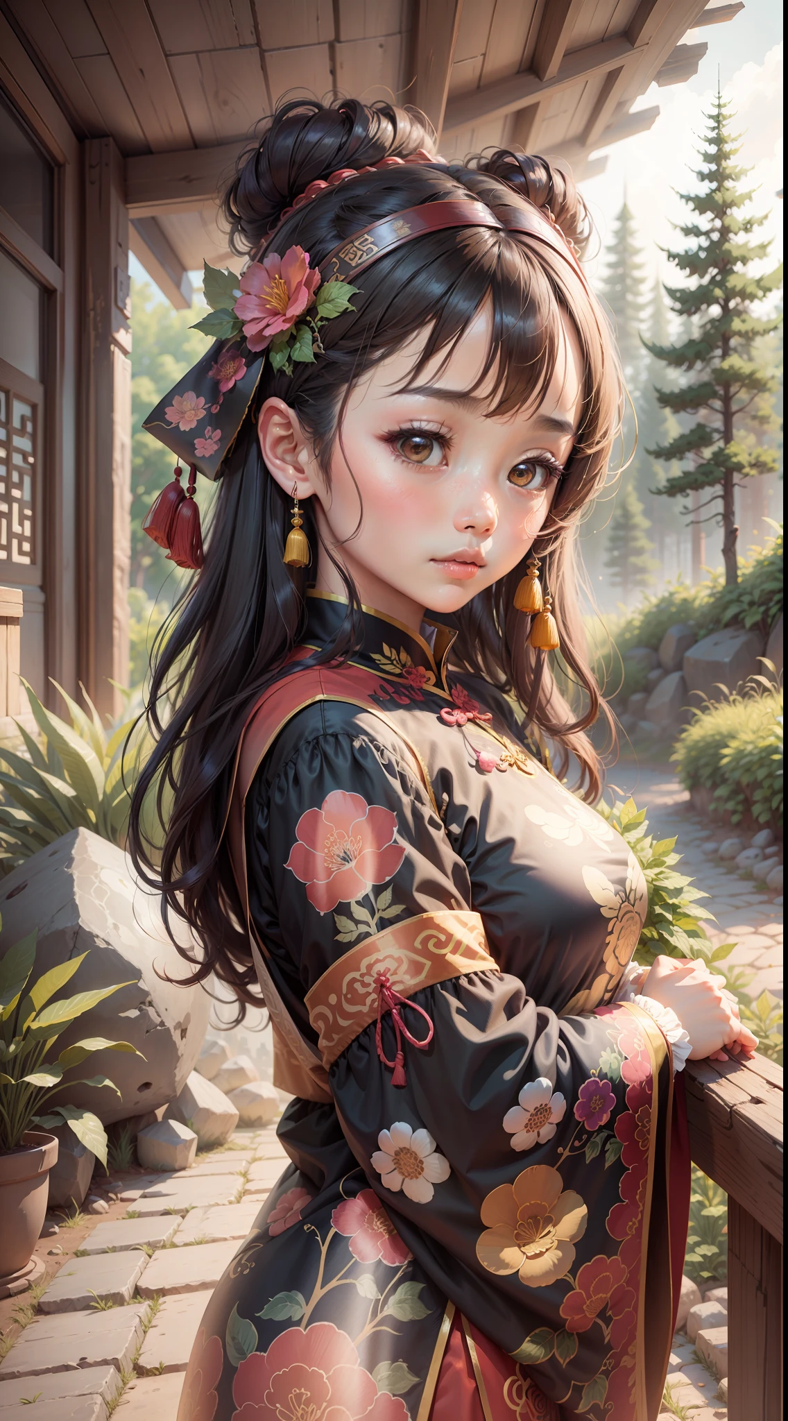 Ethnic style girl, wearing Chinese national clothes on the stone forest, national costumes, Chinese style illustrations, head-up perspective