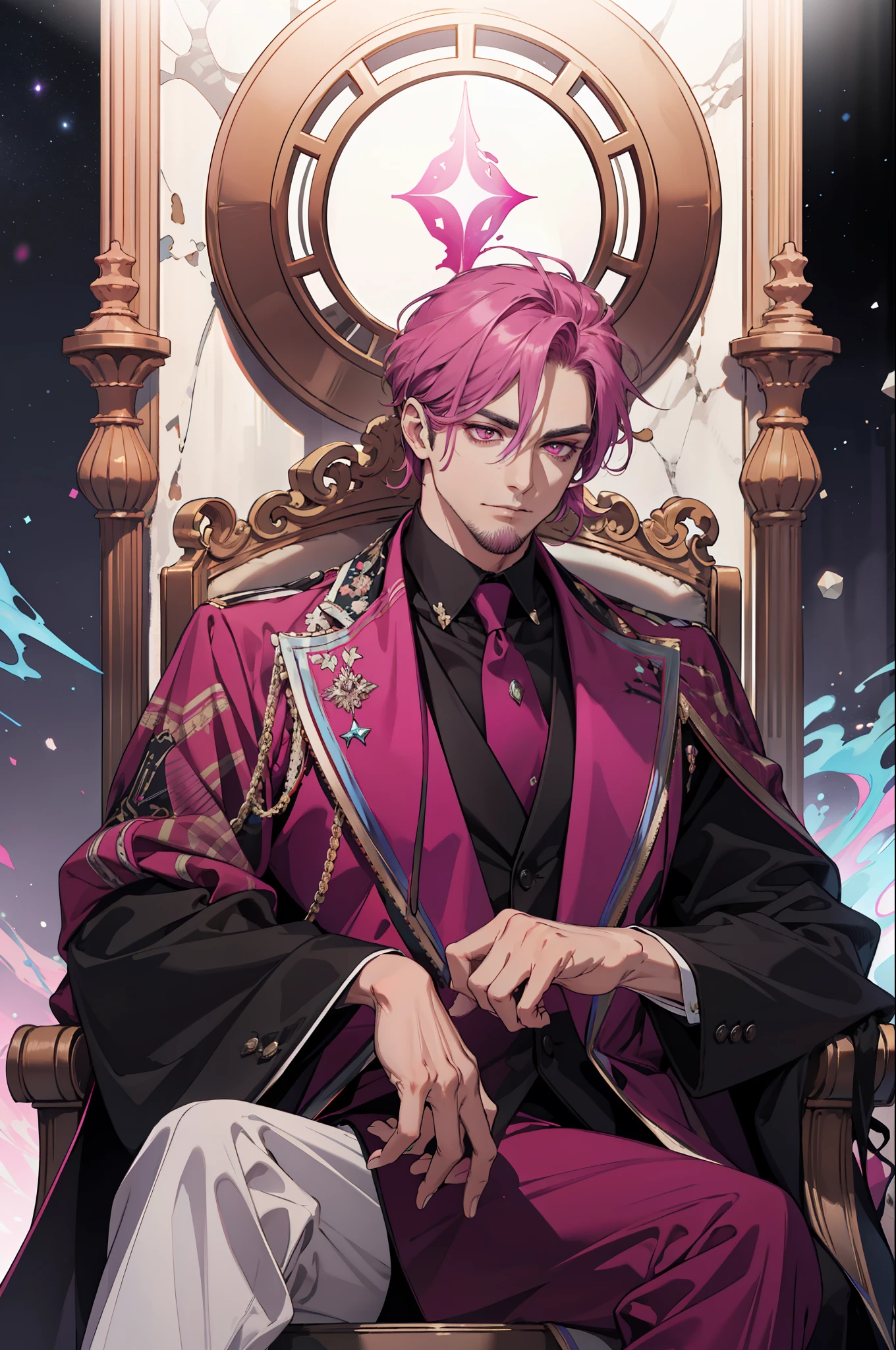 A 40-year-old man wearing elegant clothes of magenta color, with magenta eyes, with an aura of power, a cosmic aura, sitting on a white marble throne, with a serious face, with a magenta colored beard