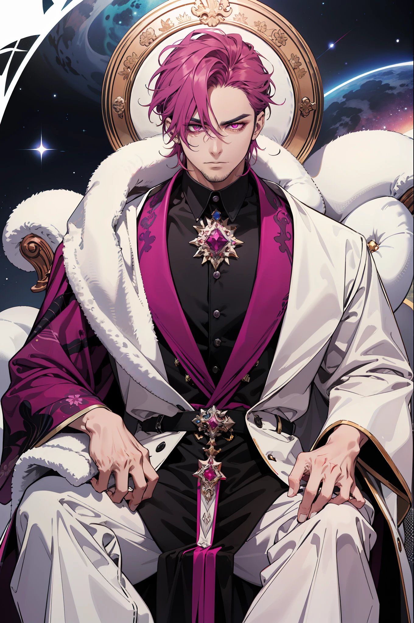 A 40-year-old man wearing elegant clothes of magenta color, with magenta eyes, with an aura of power, a cosmic aura, sitting on a white marble throne, with a serious face, with a magenta colored beard