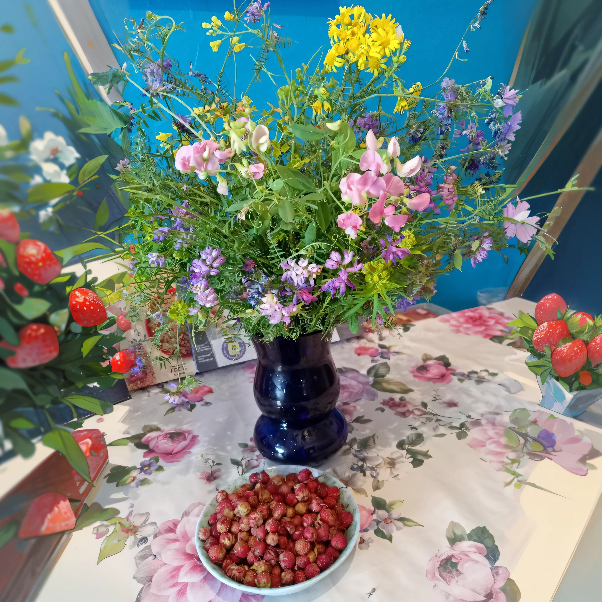 on the table there is a vase of strawberries and a vase of flowers, inspired by Maximilian Vanka, with flowers and plants, herbs and flowers, fruits and flowers, midsommar style, more and more flowers, Anna Highfish, summer morning light, vase of flowers, with flowers, flowers and flowers, fruits, sweets