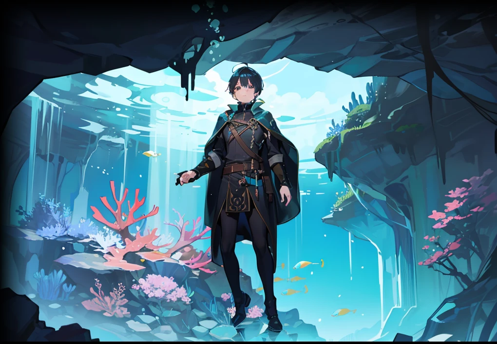 1man, mage, underwater cave, rocky floor. underwater cave. (Masterpiece: 1.2) (Best quality: 1.3)