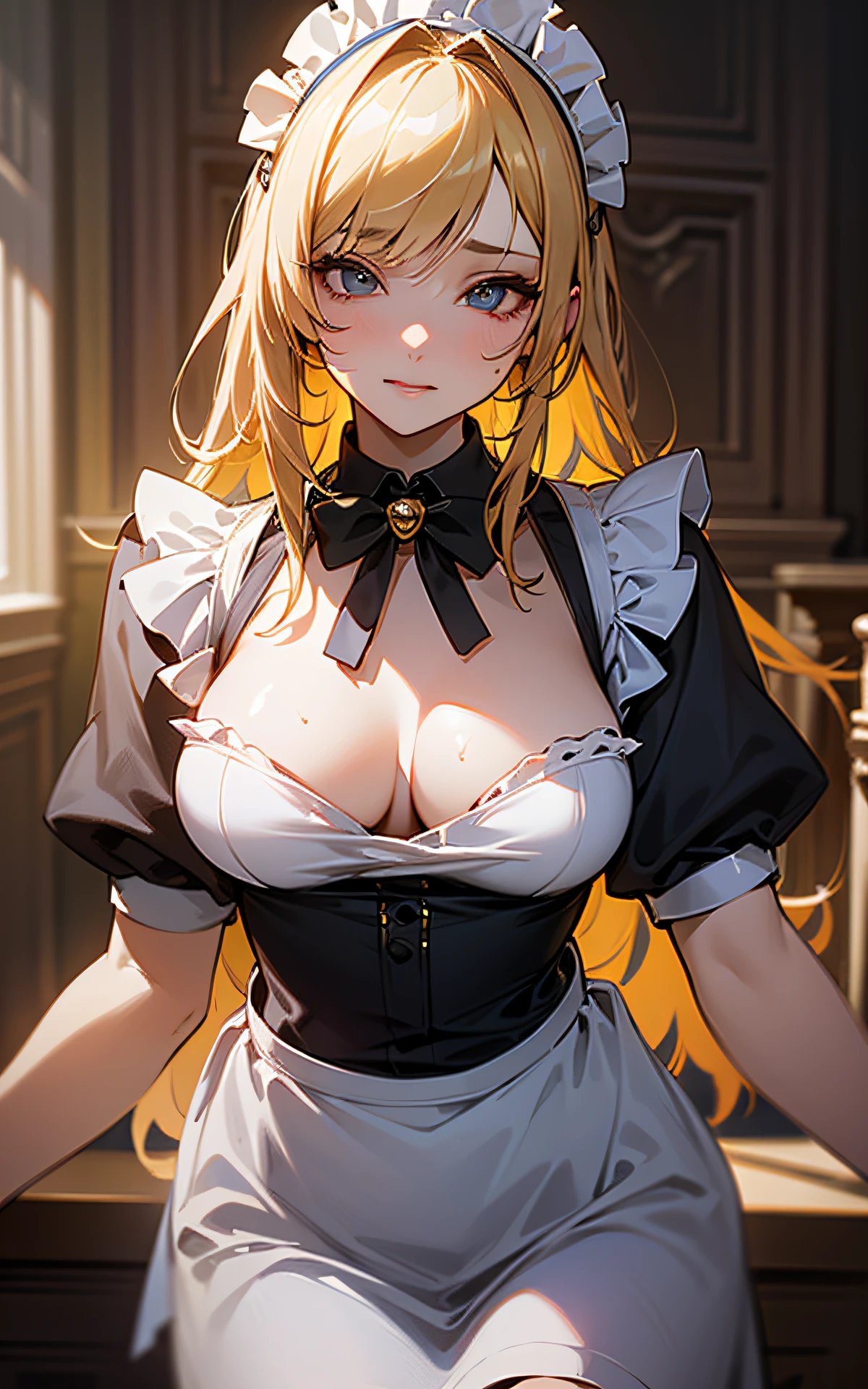 (Original Character、Unity 16K Wallpaper, Masterpiece, Best Quality, Ultra-Detailed, Extremely Detailed CG, Caustics, Cinematic Lighting, Detailed, Beautiful Detailed Eyes, solo,sexy women), Ultra High Resolution, fine skin, (maid, maid apron, maid headdress), (strong light)、oily skin,curby:1.2,,sexy women,little devil face,large breasts,gold hair