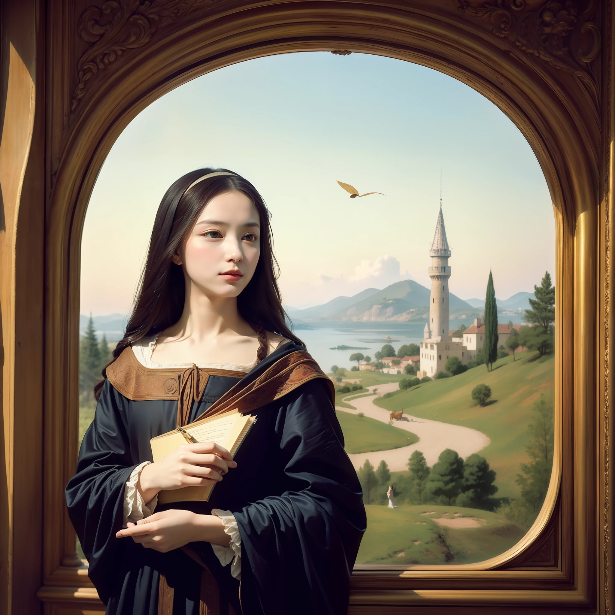 In this AI-generated image inspired by da Vinci, a serene landscape unfolds with a young woman in a flowing gown, holding a quill pen and an open book. Subtle nods to his inventions and scientific interests add depth, while the play of light and meticulous details reflect da Vinci's mastery.