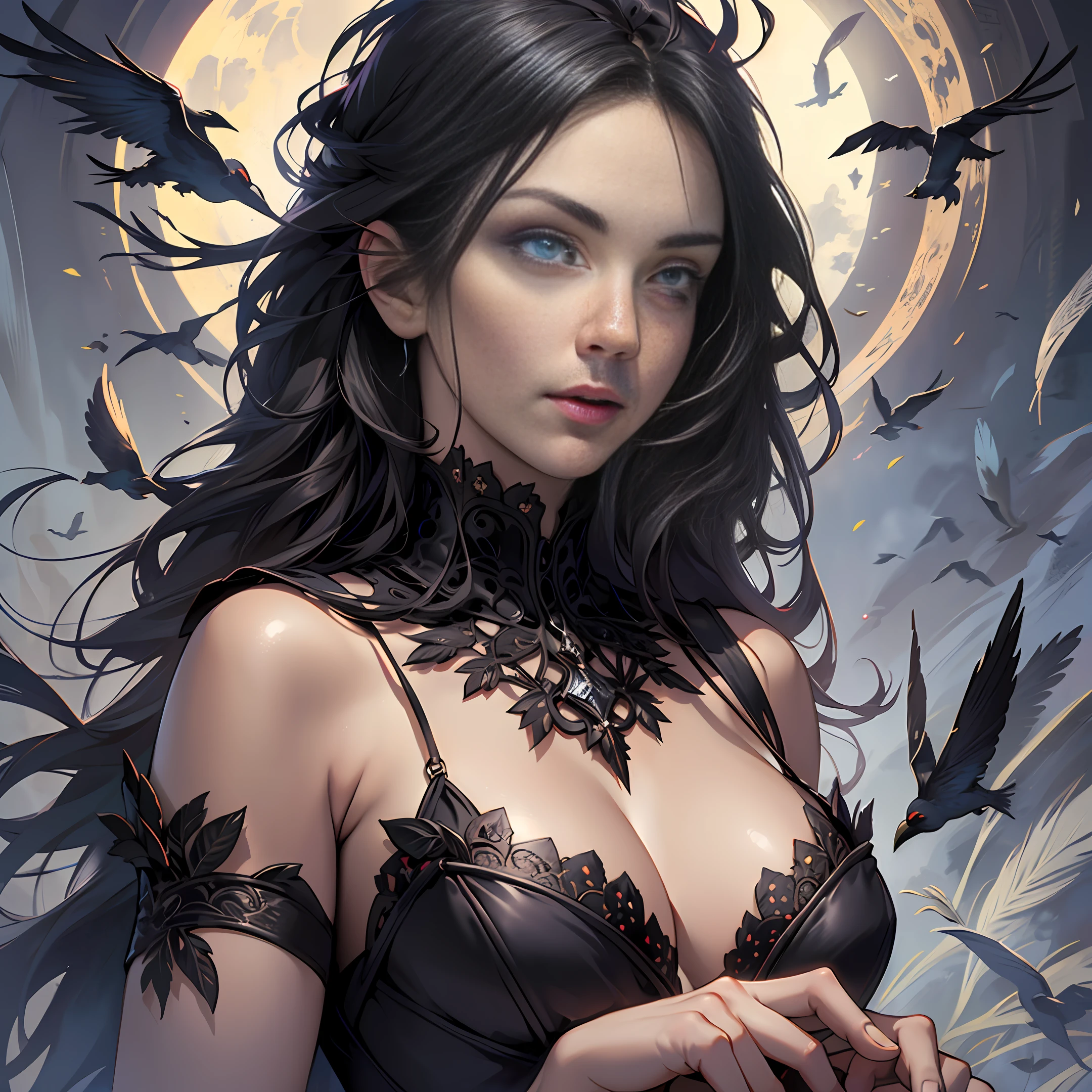 An extremely detailed portrait of an demoniac beautiful gothic vampire woman in a victorian decorum, perfect body, (realistic mature woman), ((detailed Background)), (detailed grey sky), (detailed gothic suit), (detailed eyes). (dramatic lighting), ((Masterpiece)), ((crows)), ((perfect detailed hands)), detailed cloud, ((intricate detail)), (((mature woman))), red Jewel-like eyes, (floating Strands of hair), black long hair, (((smooth skin))), (Haze), moonlight, ((surrounded by floating feathers and leafs)), focus on the subject, chiaroscuro, wind, road, church, HD wallpaper, UHD image --auto --s2