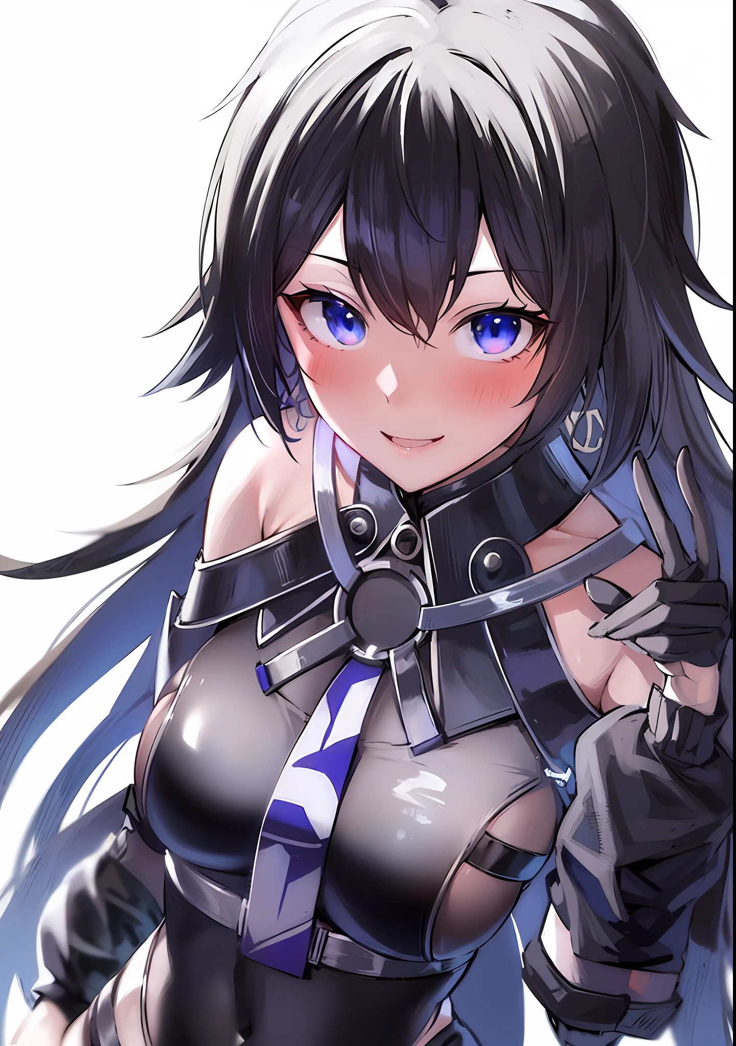 Anime girl with black hair and blue eyes in black costume, Ayaka Genshin Impact, black, armor girl, from Ark Night, Hestia, detailed anime character art, best anime 4k konachan wallpaper, Ayaka game Genshin impact, female anime character, female 👀 protagonist: 8, anime moe art style, rogue giggle, big breasts