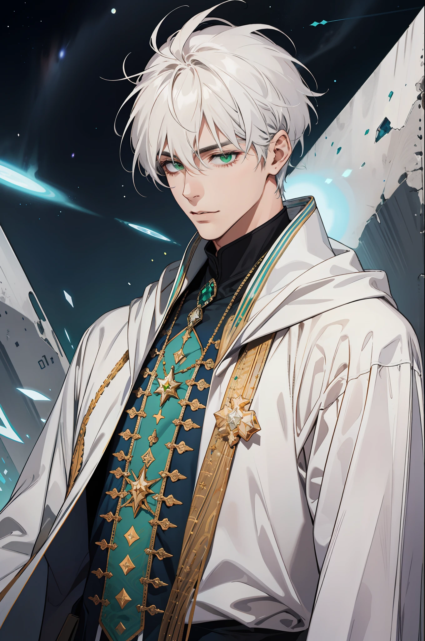 30-year-old man, white social hair, wearing a white robe with green details, with crystals around it, with cosmic aura
