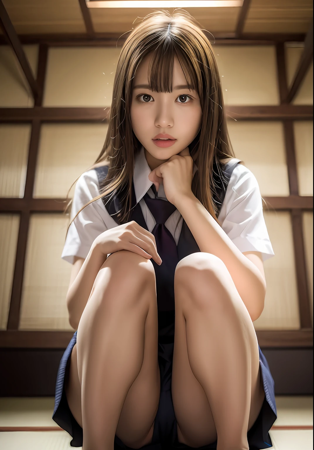 1 girl, blonde, bangs with on-eyebrows, white panties, thin legs, sitting on tatami mats in a private room of a long-established restaurant in Kyoto, legs spread, perfect anatomy, depth of field, 8K, highest quality, super high resolution, beautiful face in detail, realistic human skin, front view, angle from below, realistic, (photorealistic: 1.4), cute, short skirt, cute girl, Japan schoolgirl wearing uniform, full body, mental stillness, transcendental tranquility, Absurdres, hdr, highly detailed face, RAW photo, film grain, deviantart trend, movie scene, natural light