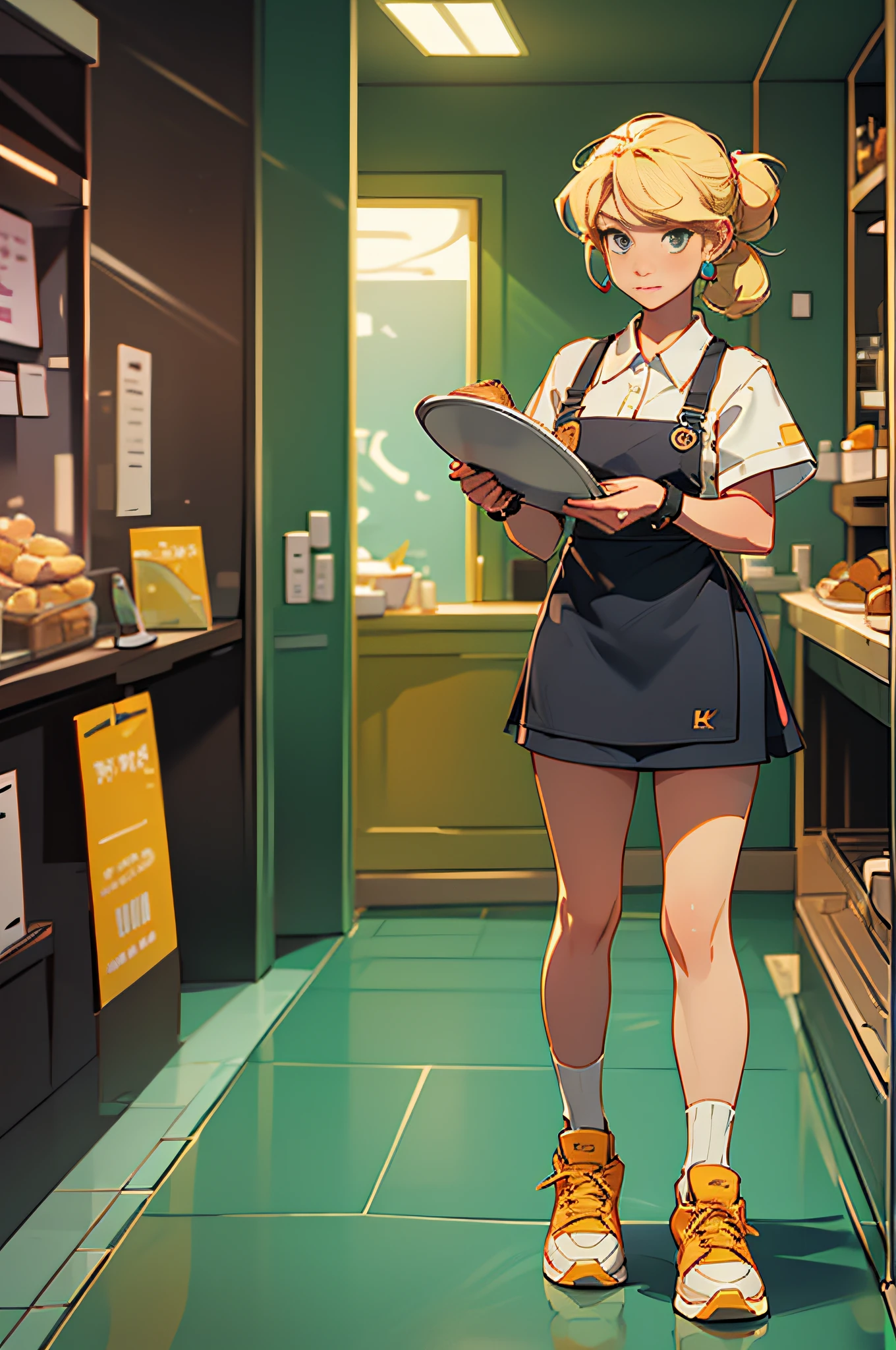 ((8k, intricate details)), masterpiece, a young waitress, blonde, hair tied, 18 years old, very beautiful, very cute, short-sleeved shirt, apron, sneakers, short socks, earrings, is standing in a restaurant walking with a tray with the customer's order, with the face apprehensive (background well detailed).