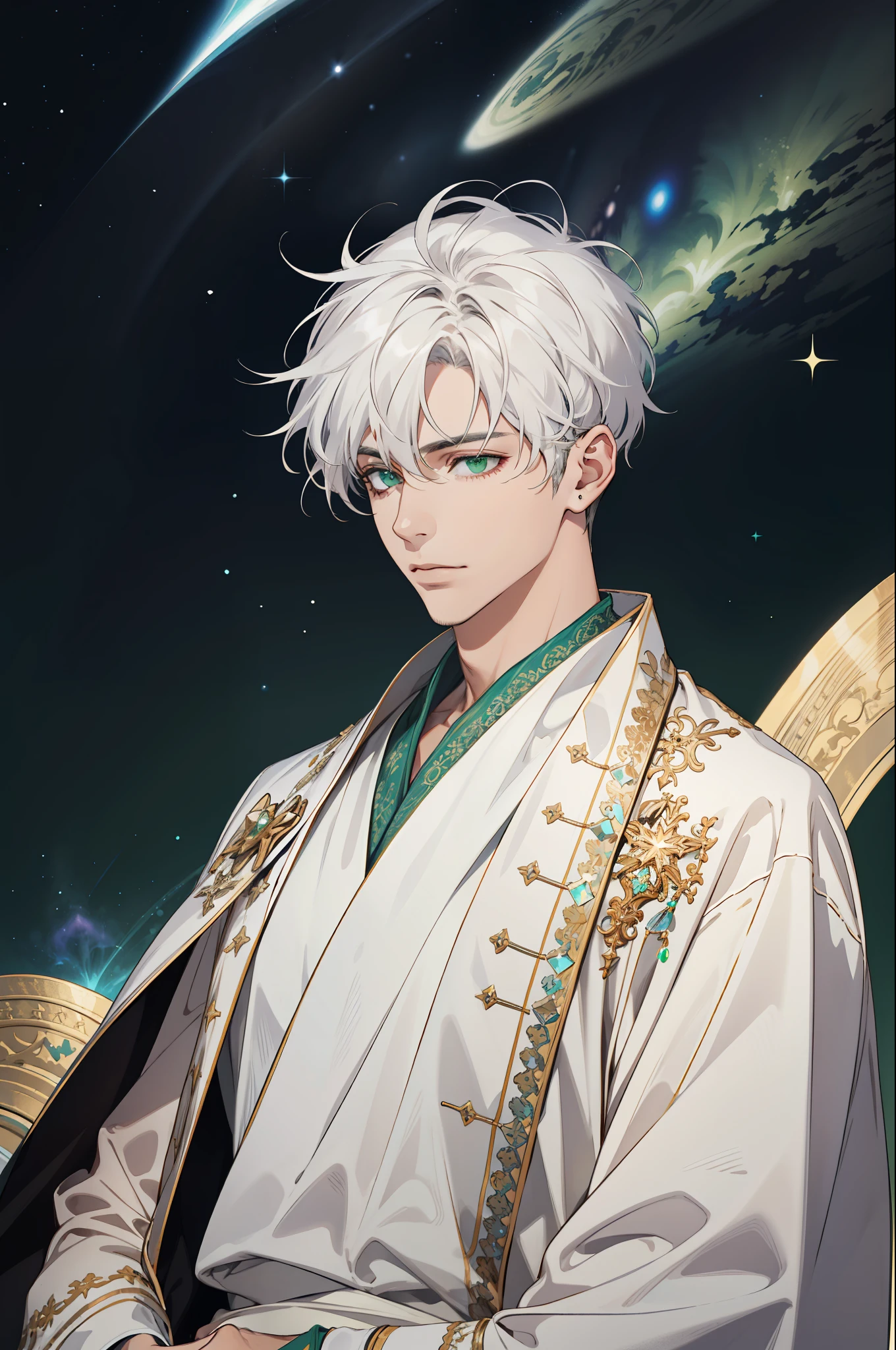 30-year-old man, white social hair, wearing a white robe with green details, with crystals around it, with cosmic aura