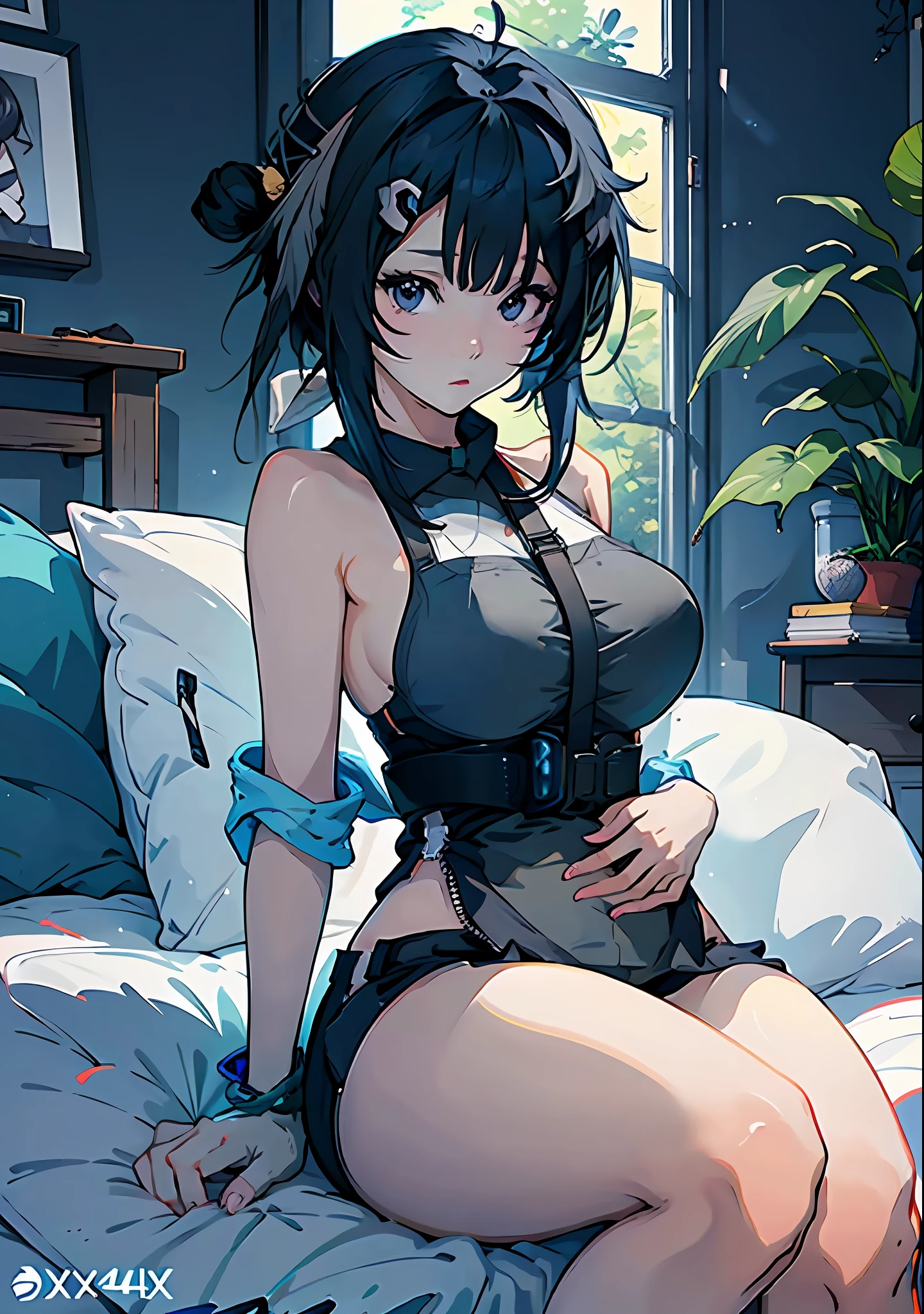 Anime girl lying on bed with hands on chin, Guvitz style artwork, anime style 4 K, Guvitz, Guwiz on pixiv art station, digital anime illustration, seductive anime girl, trend of art station PIXIV, digital anime art, detailed digital anime art, 4K anime wallpaper, trends on cgstation, big breasts, japanese goddess