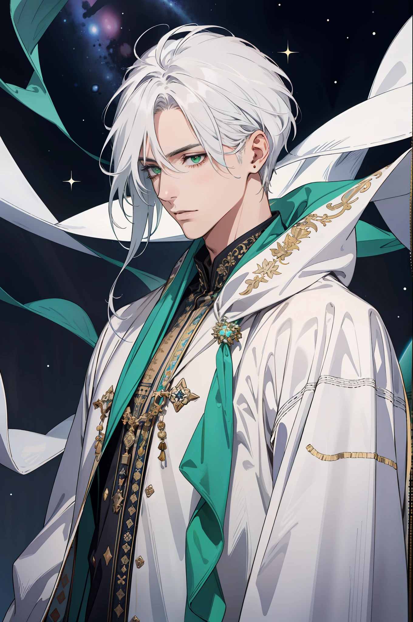 30-year-old man, white social hair, wearing a white robe with green details, with crystals around it, with cosmic aura