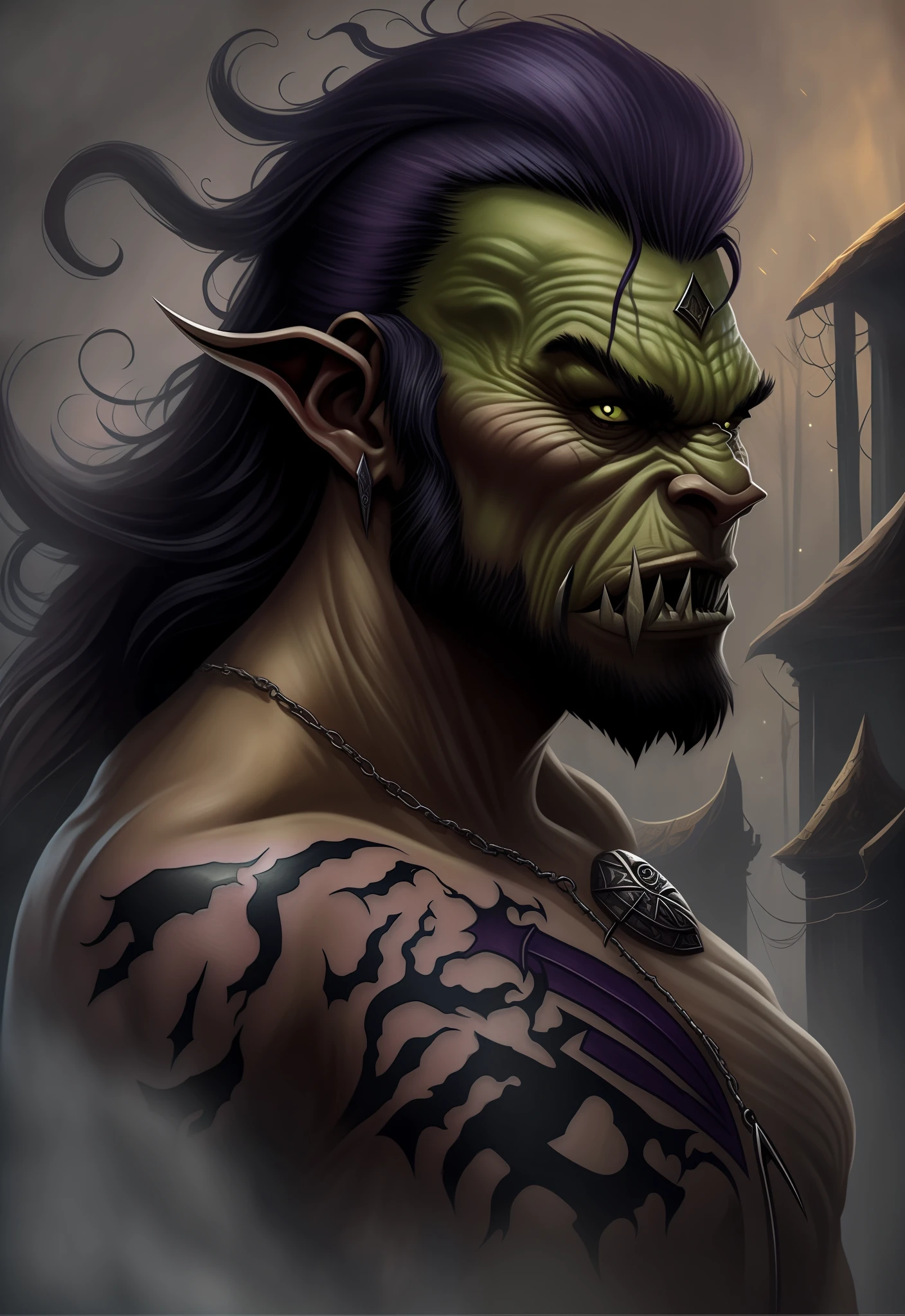 Orc symbaroum, dark violet tattoo. Polite and kind face