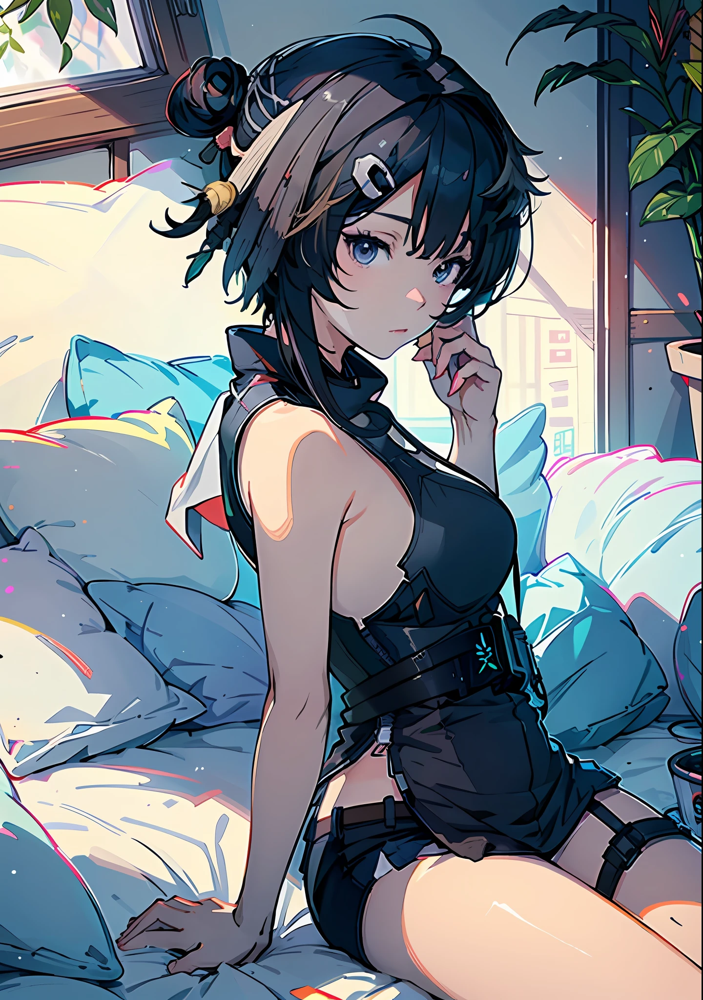 Anime girl lying on bed with hands on chin, Guvitz style artwork, anime style 4 K, Guvitz, Guwiz on pixiv art station, digital anime illustration, seductive anime girl, trend of art station PIXIV, digital anime art, detailed digital anime art, 4K anime wallpaper, trends on cgstation, big breasts, japanese goddess