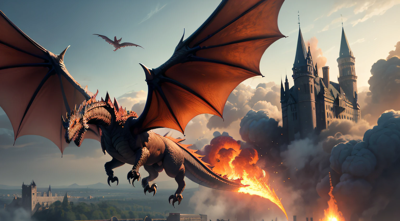 Winged dragon flying over burning forest, medieval castle in the background, ultra-detailed, ultra realistic scenery. --auto