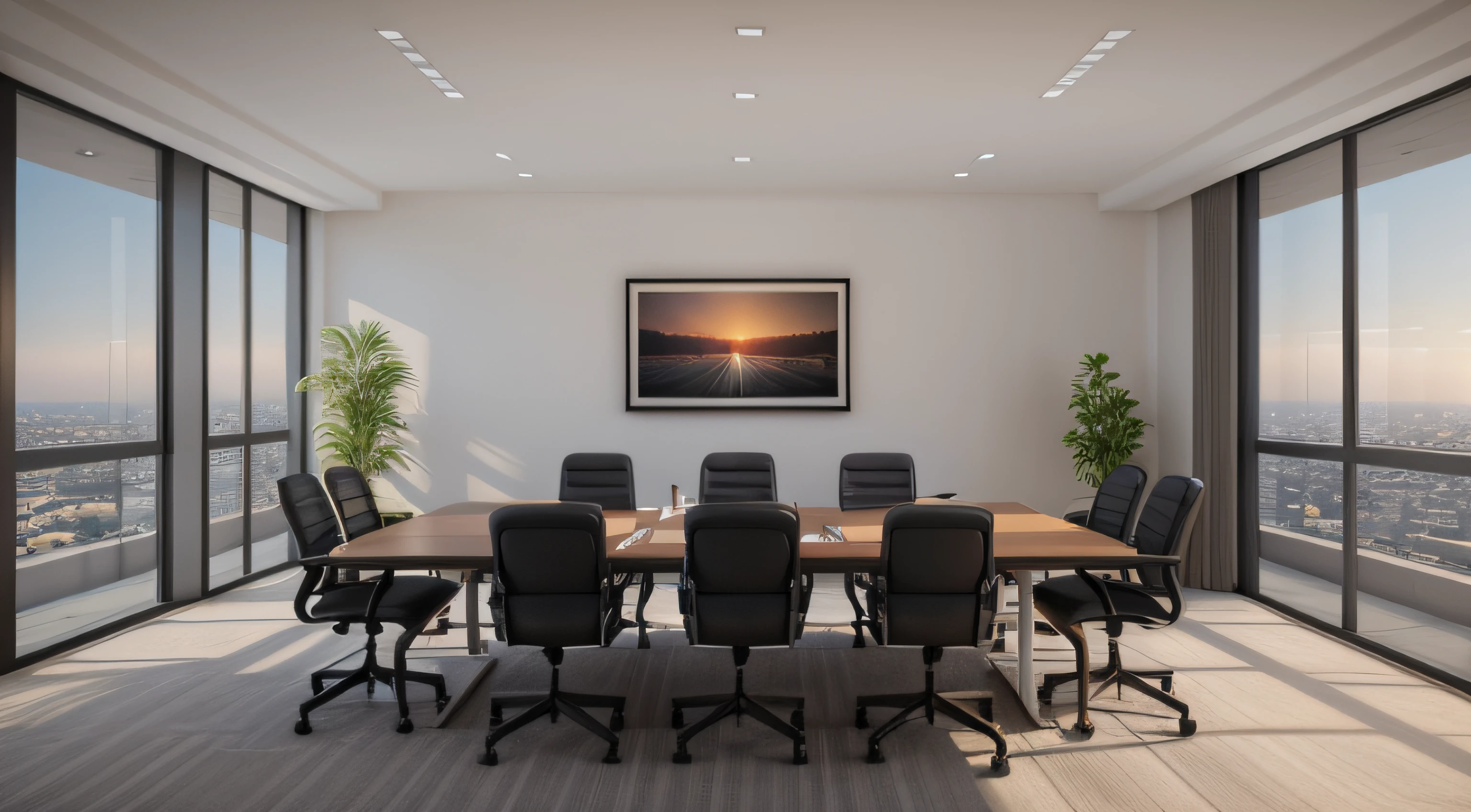 Business Meeting in Open Plan Office, many people sit at the table in the conference room, the people in the meeting are happy and smiling in the conference room, ready for a meeting, business meeting, meeting together, professional image, wide photo, insanely realistic with soft sunset lighting, with detailed skin with face muscles and skin with pores, 20 megapixels, Canon EOS R3, depth of field, soft lighting, masterpiece, best quality, intricate, tone mapped, highly detailed, artstation, smooth, sharp focus, dramatic lighting, highly detailed art, cinematic, hyper realistic painting, trend in Artstation, 8K, amazing shadows, realistic, (highly detailed background: 1.0)