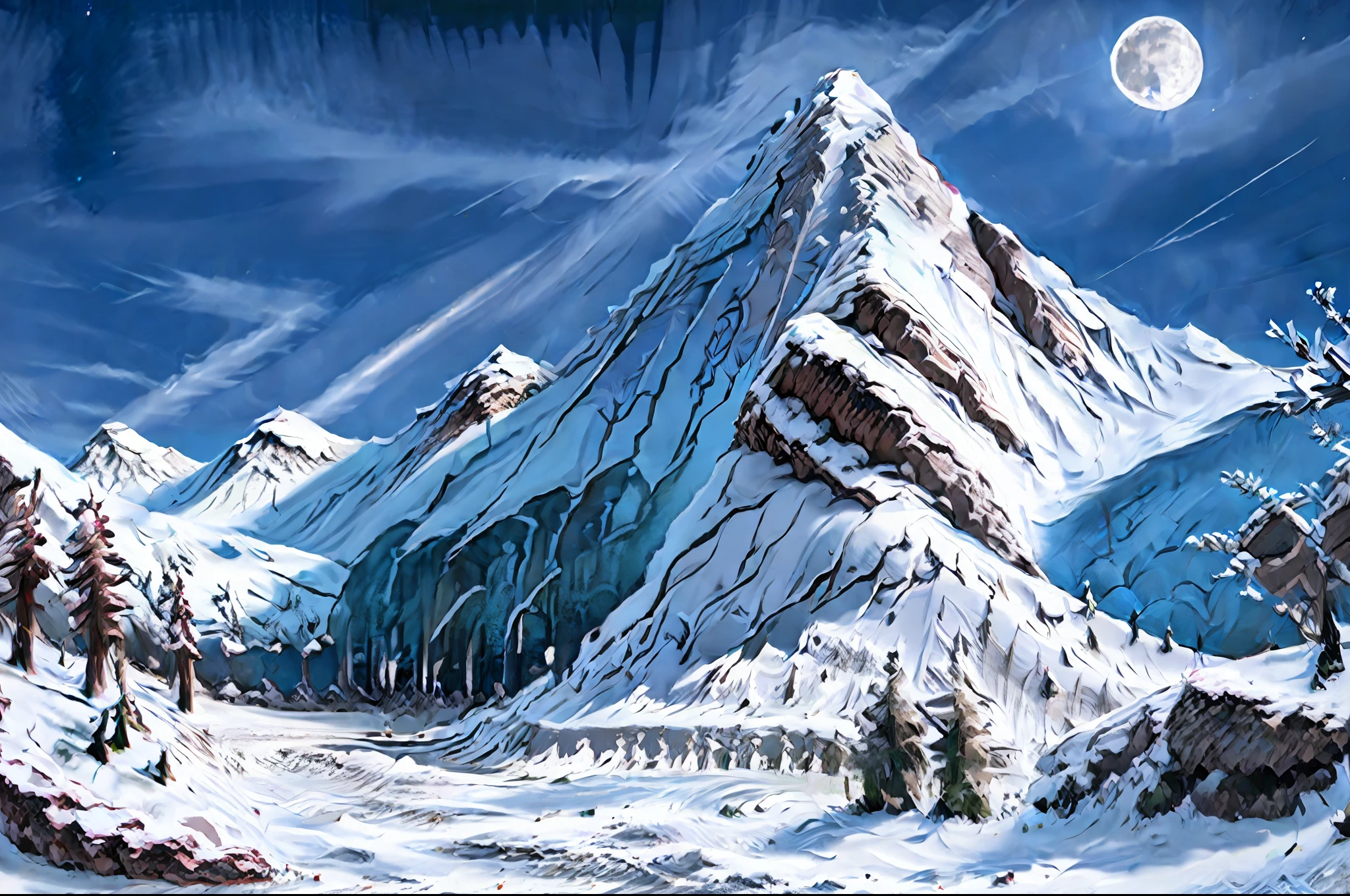 Snow Mountains with Red Peaks and Full Moon, Snow Mountains, Snow Peaks, Unreal Engine Digital Painting, Snow Mountain Landscape, Mountainside, Mountain Snow, Snow Mountain, Winter Concept Art, 4K Highly Detailed Digital Art, Steep, Very Coherent Stylized Art, Snow Mountains and Ice, Ultra-detailed Color Low Poly Art, : Psychedelic Ski Resort