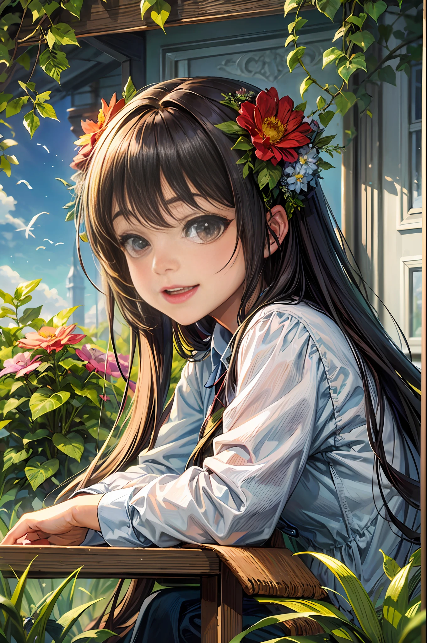 A happy  girl, flowers, plants, small animals, (best quality) (intricate details)