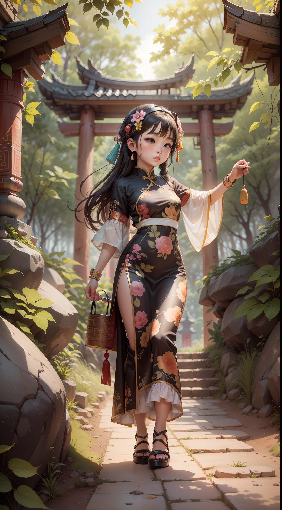 Ethnic style girl, wearing Chinese national clothes on the stone forest, national costumes, Chinese style illustrations, head-up perspective
