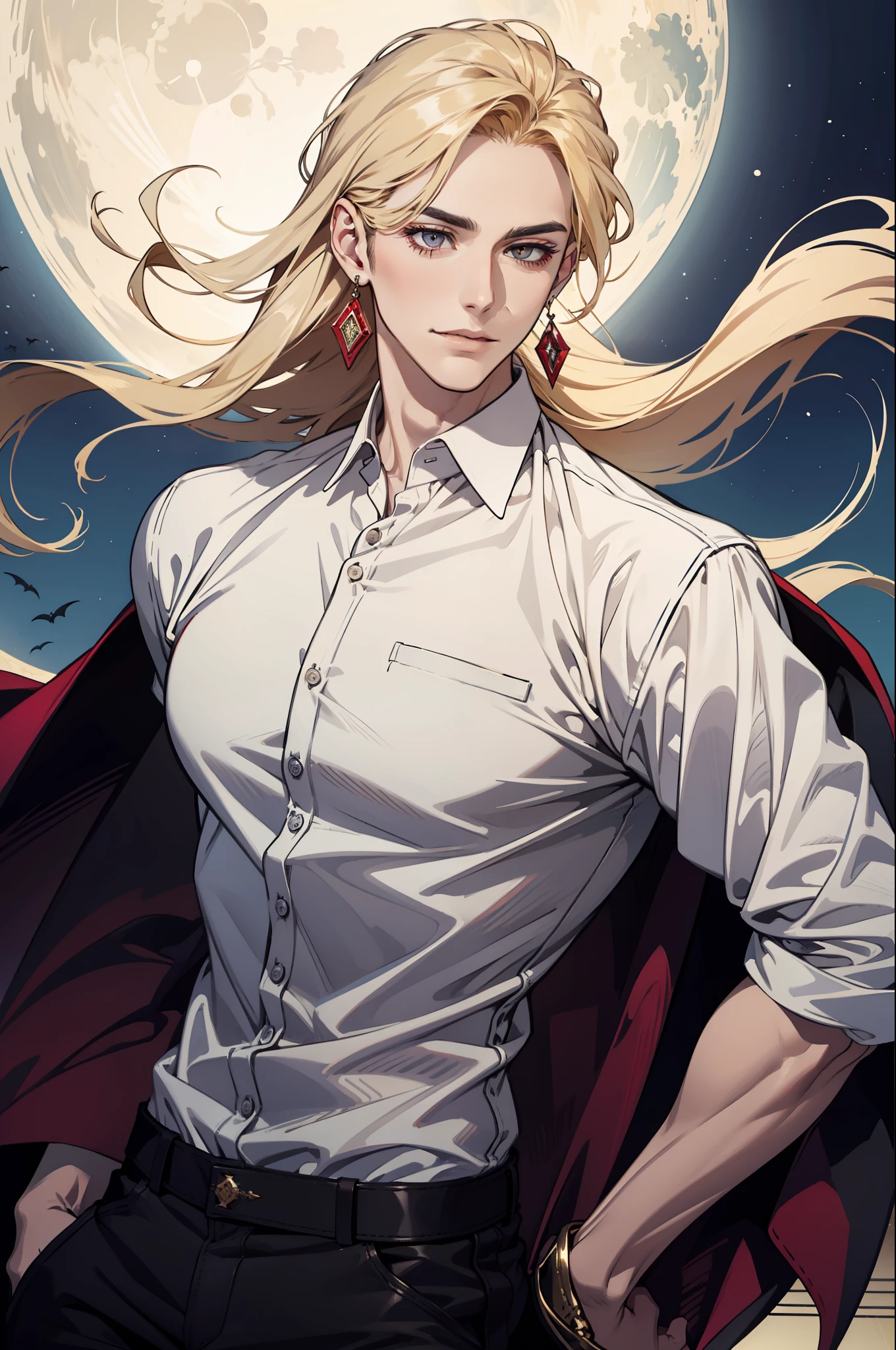 (absurdres, highres, ultra detailed), 1man, 30 years old man, adult man, handsome, tall,, finely detailed eyes and detailed face, leather pants, (((white shirt))), night, smile, dutch angle, ((long hair, blonde hair)), moon, gold details, earrings, gothic, vampire, vampire prince, dark, simple clothes, looking at the view, pale skin, red detailed eyes, (masculine), sexy, elegant, long bangs, detailed hands