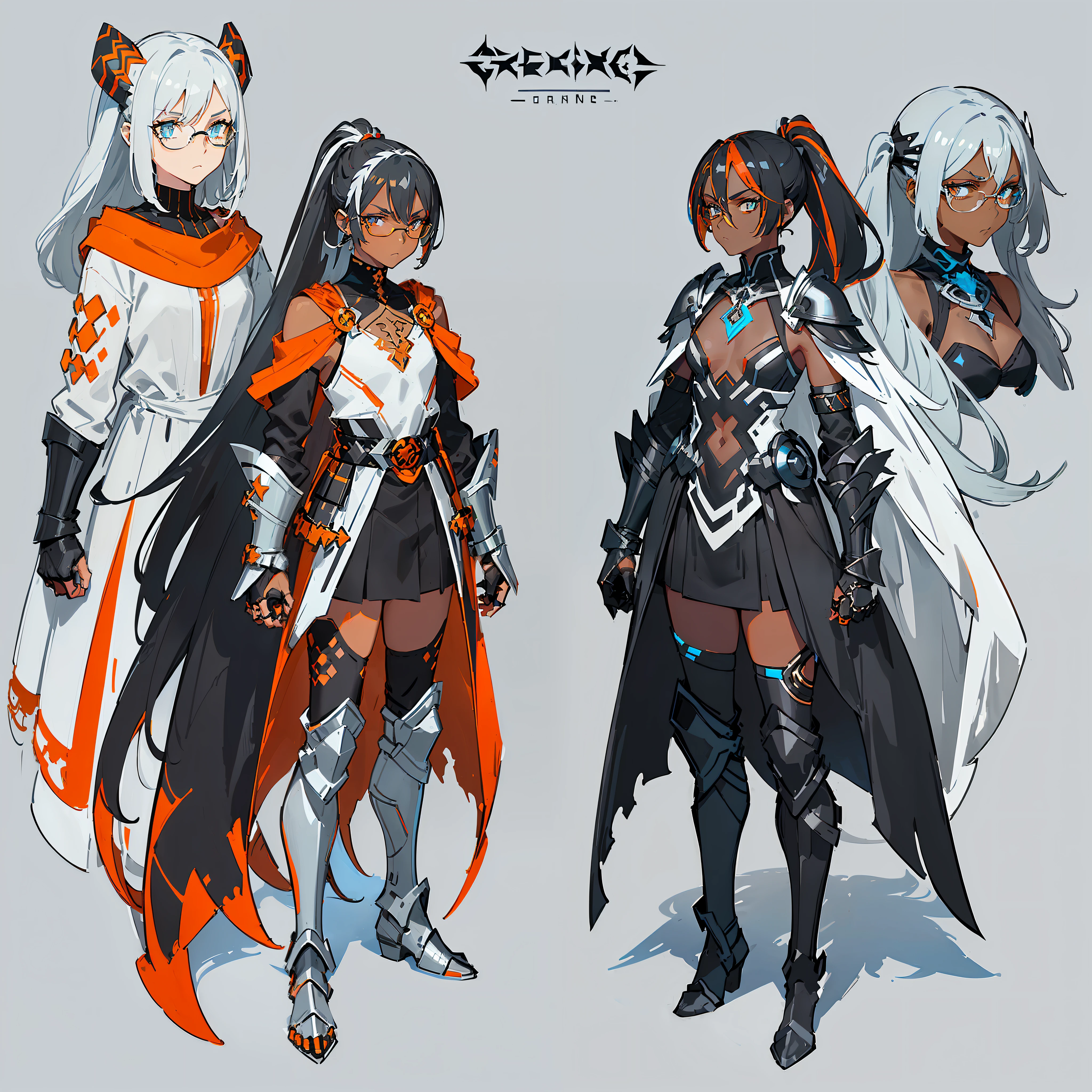 (((Concept Art))), (((Flat Chest))) Female, (((Dark Skin)))), Black Hair with Ponytail, Light Blue Eyes, Round Glasses with Dark Lens, ((((Black Metallic Gauntlets and Greaves with Orange and Silver Highlights))))), White Scarf (((Clothes Have a Mix of Modern and Tribal))))), Clothes Are Mostly Black in Color, but with Orange and White Parts, Shoulders on display, black shorts extending to mid-thigh.