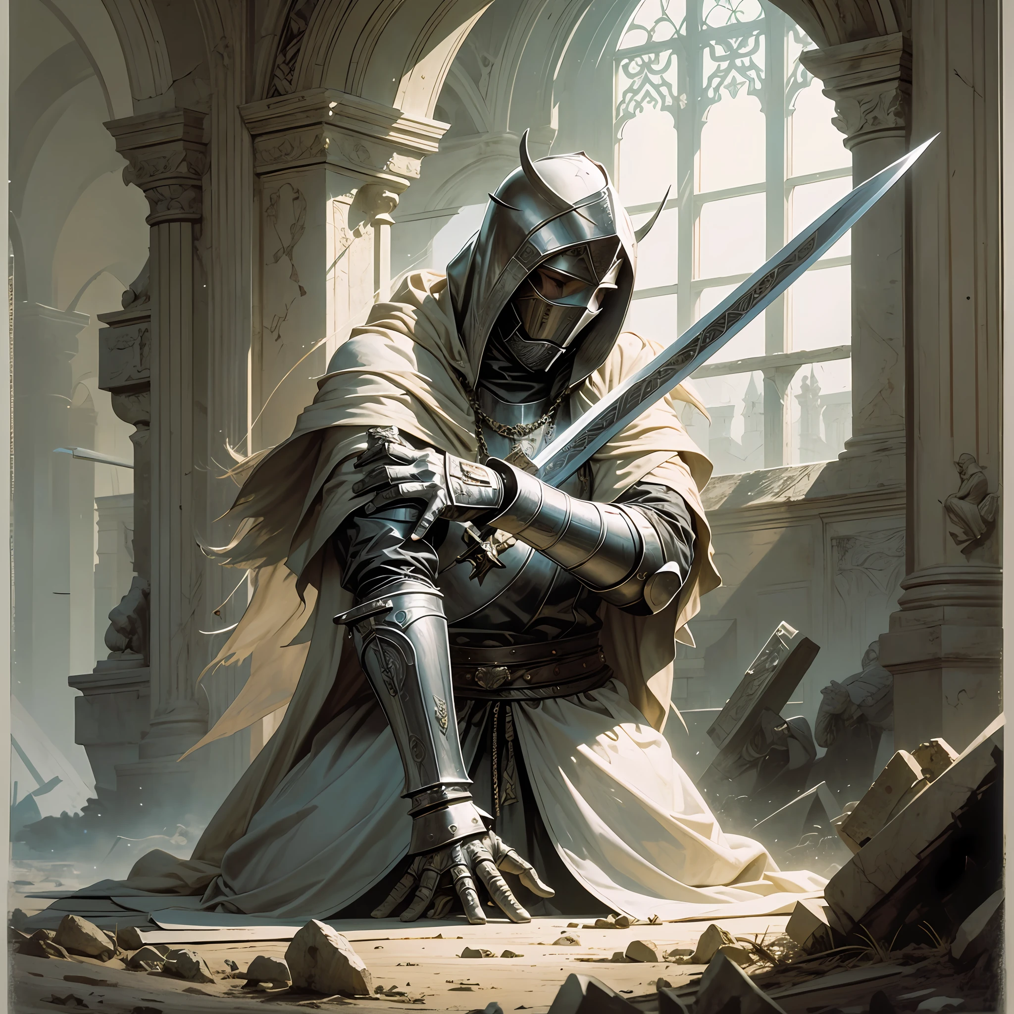 Knight Templar, praying to God before battle, with his sword --auto --s2