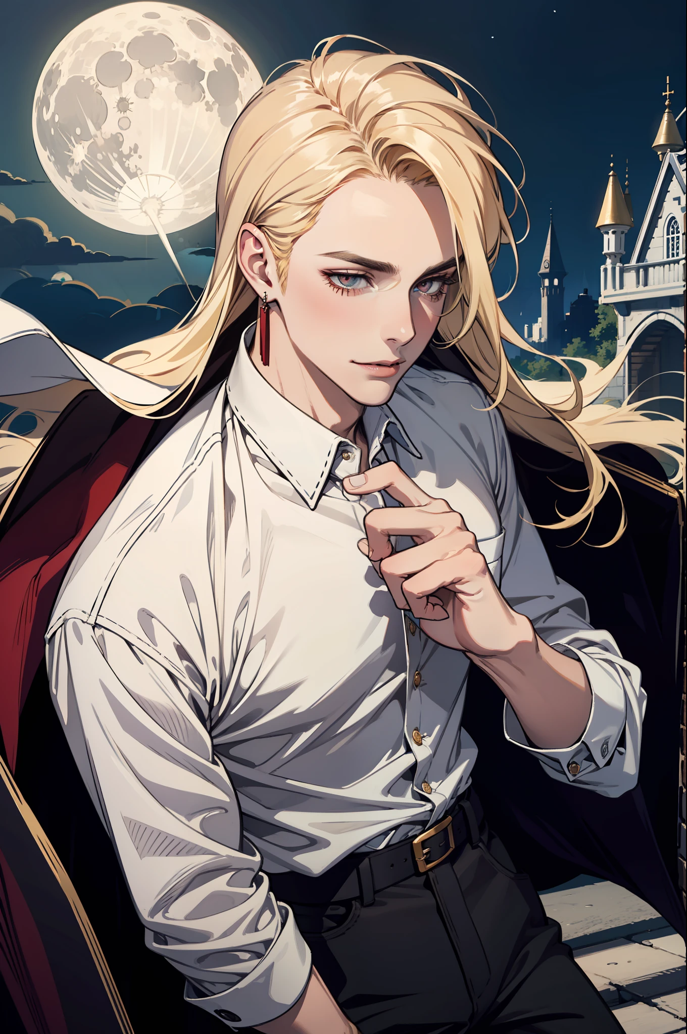 (absurdres, highres, ultra detailed), 1man, 30 years old man, adult man, handsome, tall,, finely detailed eyes and detailed face, leather pants, (((white shirt))), night, smile, dutch angle, ((long hair, blonde hair)), moon, gold details, earrings, gothic, vampire, vampire prince, dark, simple clothes, looking at the view, pale skin, red detailed eyes, (masculine), sexy, elegant, long bangs, detailed hands