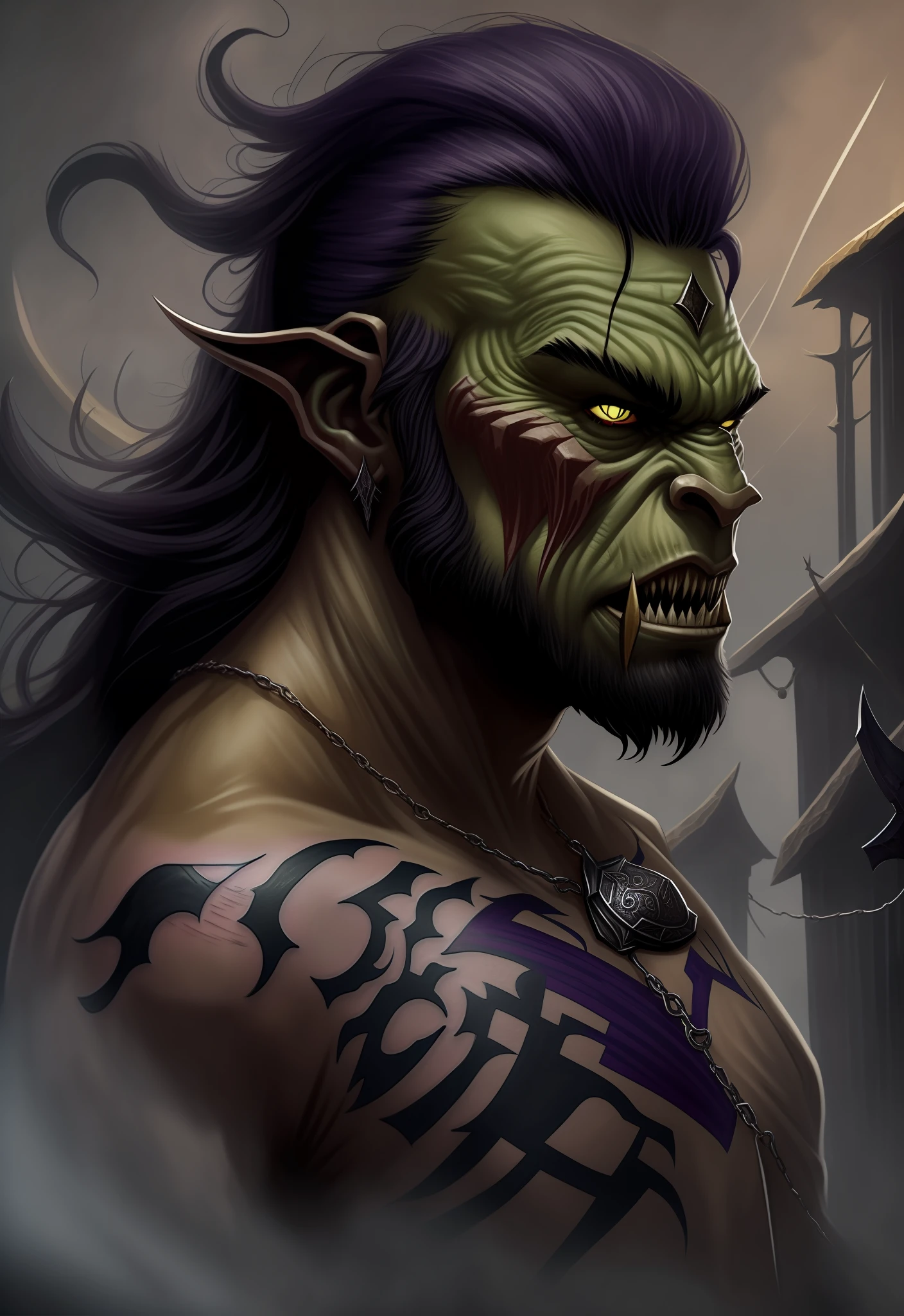 Orc symbaroum, dark violet tattoo. Polite and kind face