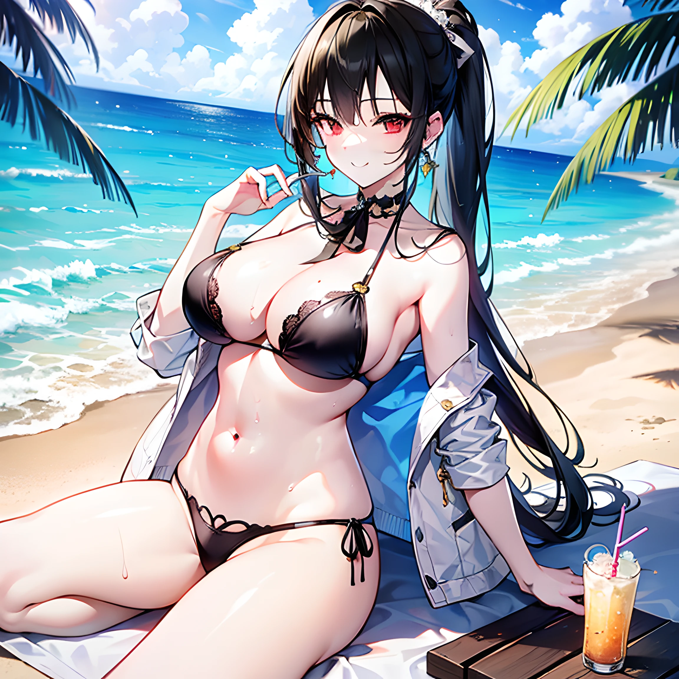 1girl, solo, masterpiece, best quality, realistic, hyperdetailed, (shiny, sweaty skin: 1.4) (swimsuit glued one piece white neckline to navel), black hair, gold earrings with light blue, black bra, large breasts, black ribbon on the neck, long ponytail hairstyle, white ribbon, red eyes, smiling, drinking a light blue canned drink, Beach, clear and sunny sky, light green palm trees, micro thong.