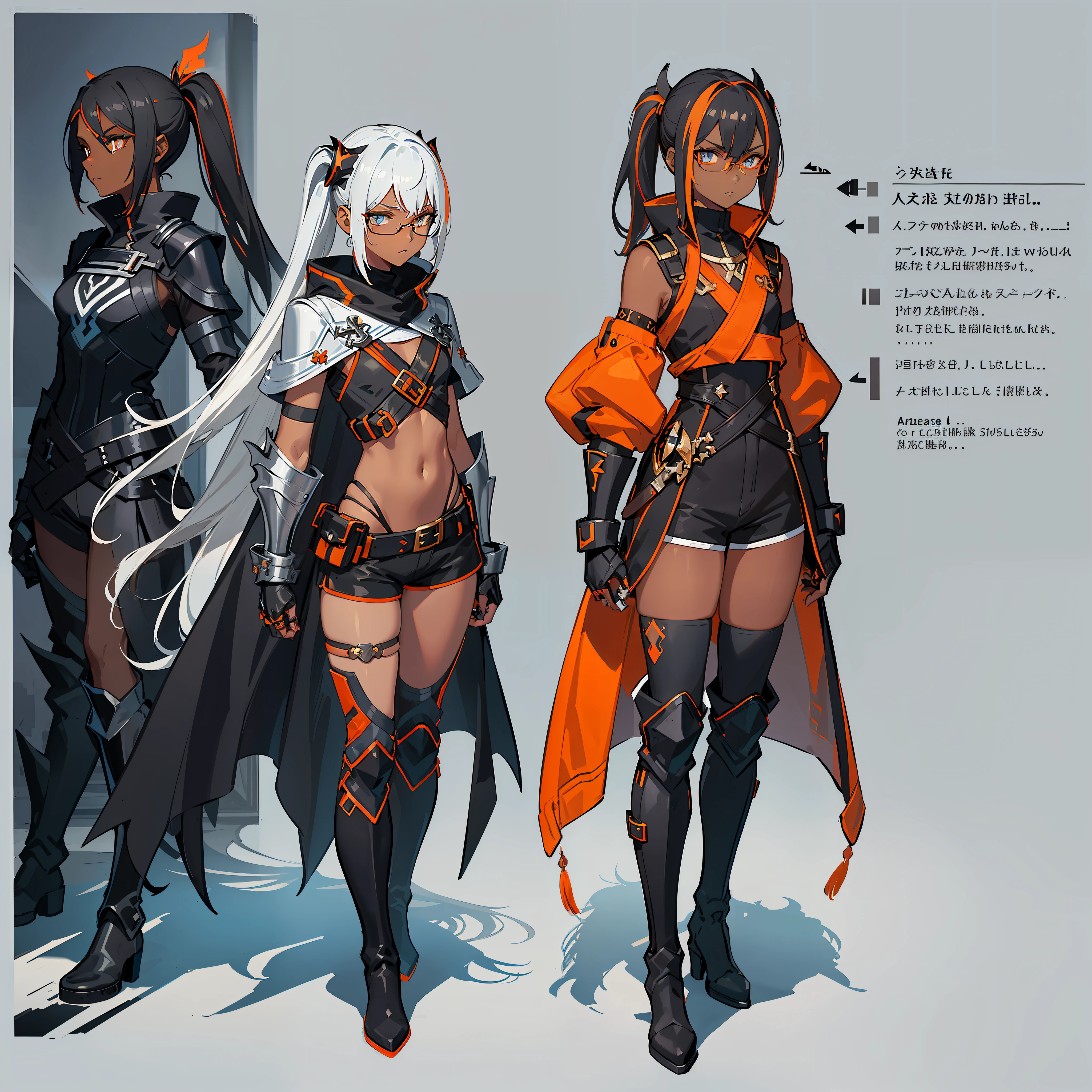 (((Concept Art))), (((Flat Chest))) Female, ((((Dark Skin)))), Black Hair with Ponytail, Light Blue Eyes, Round Glasses with Dark Lens, (((((Black Metallic Gauntlets and Boots with Orange and Silver Highlights))))), White Scarf (((Clothes Have a Mix of Modern and Tribal)))), Clothes Are Mostly Black in Color, But with Orange and White Parts, Shoulders on Display,  Black shorts Extending to the middle of the thigh.