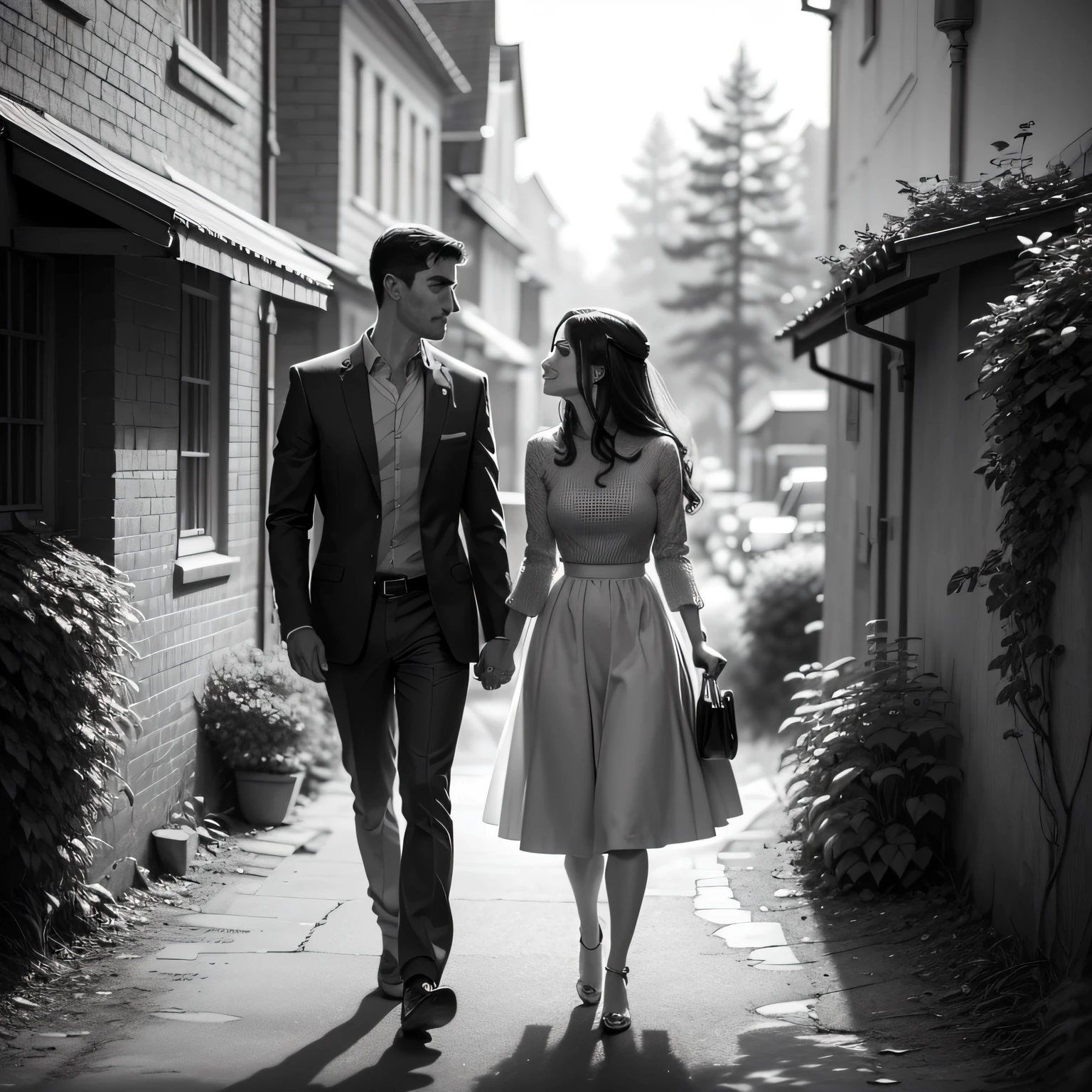 grayscale detailed cartoon of romantic couple walking on country lane by artist john sloane --auto