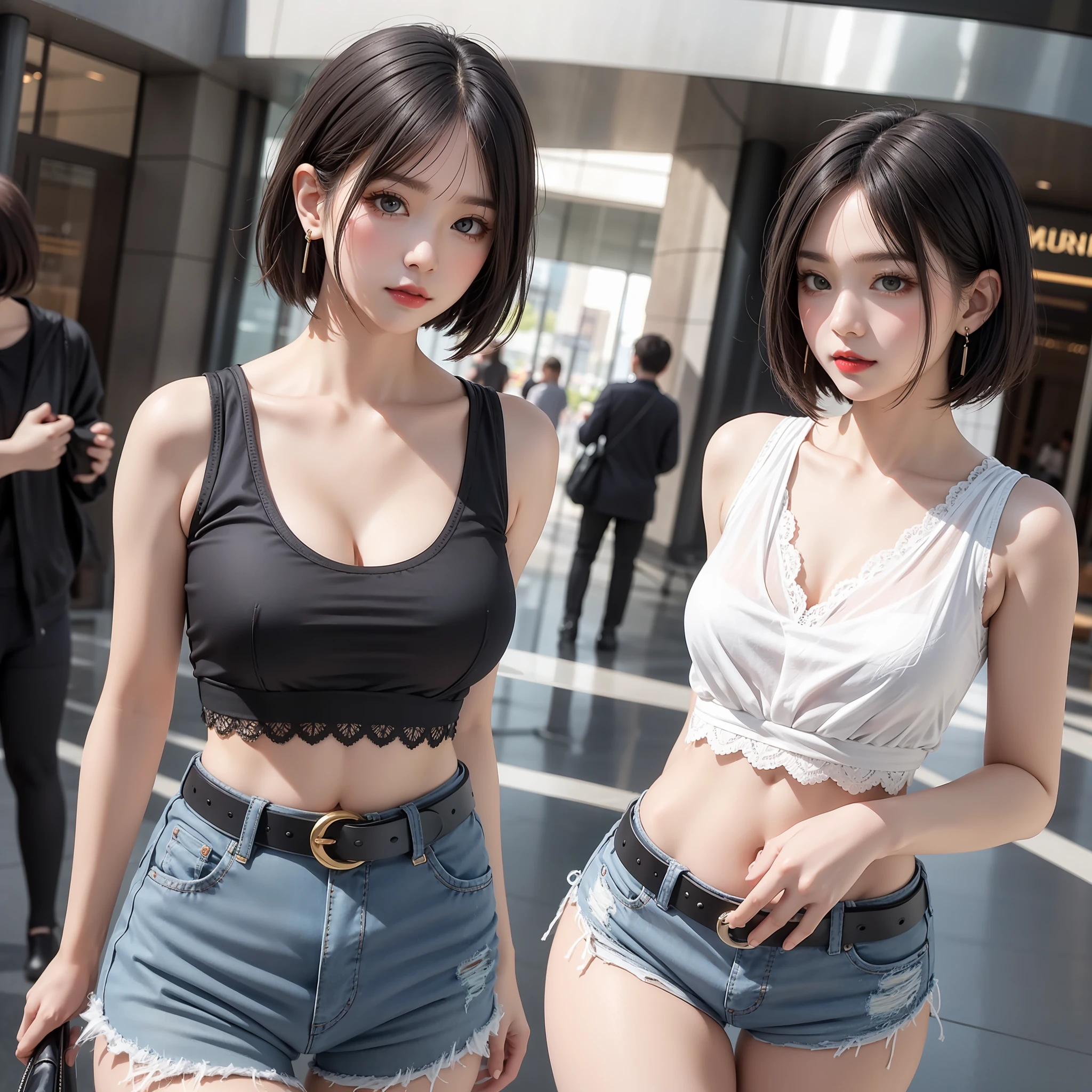 A li, masterpiece, light makeup, red lips, short hair, mall background, beautiful and elegant. Ultra-fine details, master works, real texture, cinematic lighting realism, perfect works, 8k, high definition, exquisite facial features. The upper body is wearing an elastic sports crop top, and the exposed small man's waist looks white and clean. The lower body is wearing denim shorts lace, a beautiful belt, sexy tights, and the S-shaped curved body looks very smooth. Slim figure, pear-shaped body, rounded hips, slender small man's waist, sexy chest, vest line, collarbone, bright big eyes, smooth skin, earrings, tattoos, short and cute beautiful legs. Deep in the human, cat cherry lips. Perfect waist-hip ratio