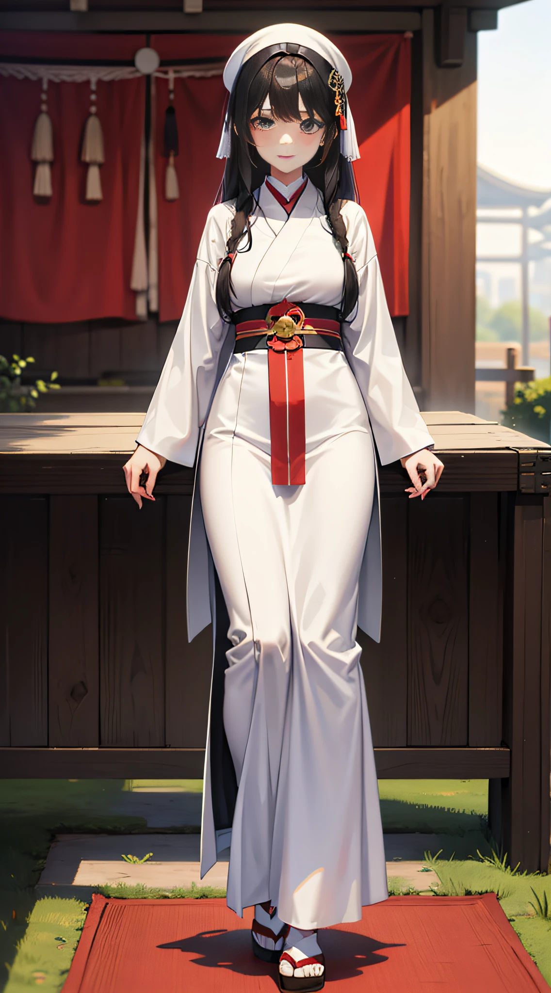 Elder sister of the priestess of the Japan shrine, long black hair tied up, full body, masterpiece