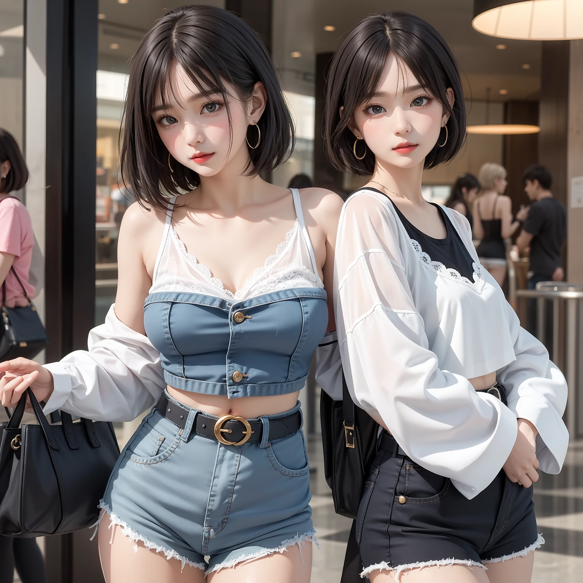 A small loli, masterpiece, light makeup, red lips, short hair, mall background, beautiful and elegant. Ultra-fine details, master works, real texture, cinematic lighting realism, perfect works, 8k, high definition, exquisite facial features. The upper body is wearing an elastic sports crop top, and the exposed small man's waist looks white and clean. The lower body is wearing denim shorts lace, a beautiful belt, sexy tights, and the S-shaped curved body looks very smooth. Slim figure, pear-shaped body, rounded hips, slender small man's waist, sexy chest, vest line, collarbone, bright big eyes, smooth skin, earrings, tattoos, short and cute beautiful legs. Deep in the human, cat cherry lips. Perfect waist-hip ratio