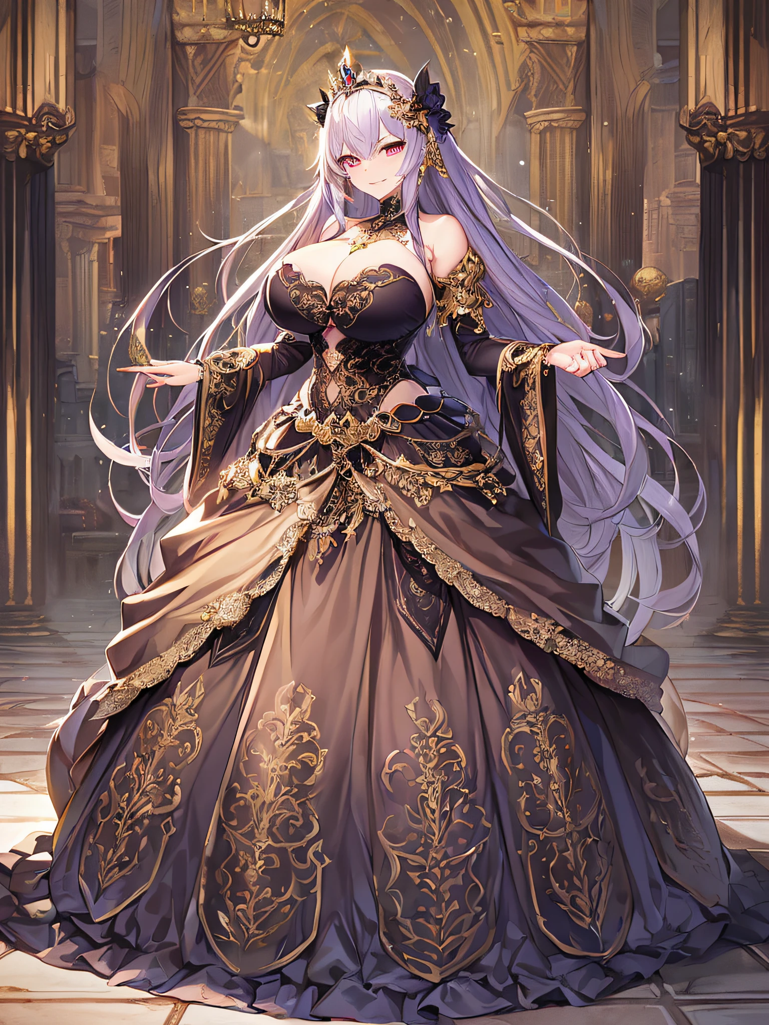 ((anime artstyle)),(Masterpiece),(Best Quality), (Super Detail),Illustration,((Very Delicate and Beautiful)),Focus on character,Dynamic Angle,Looking at viewer,((Solo)),standing,(((full body))),((one evil and cute princess in gorgeous ball gown with voluminous skirt)),detailed face and eyes,(Wicked laugh),jewel-like eyes,((Very Long voluminous Hair)),gorgeous embroidery and lace,See-through,ornate ruffles,Gorgeous jewelry ornaments,luxury hair ornament,luxury and evil tiara with jewels,(gigantic breasts,Long breasts),full body,((evil atmosphere)),((gorgeous ball gown with voluminous skirt))