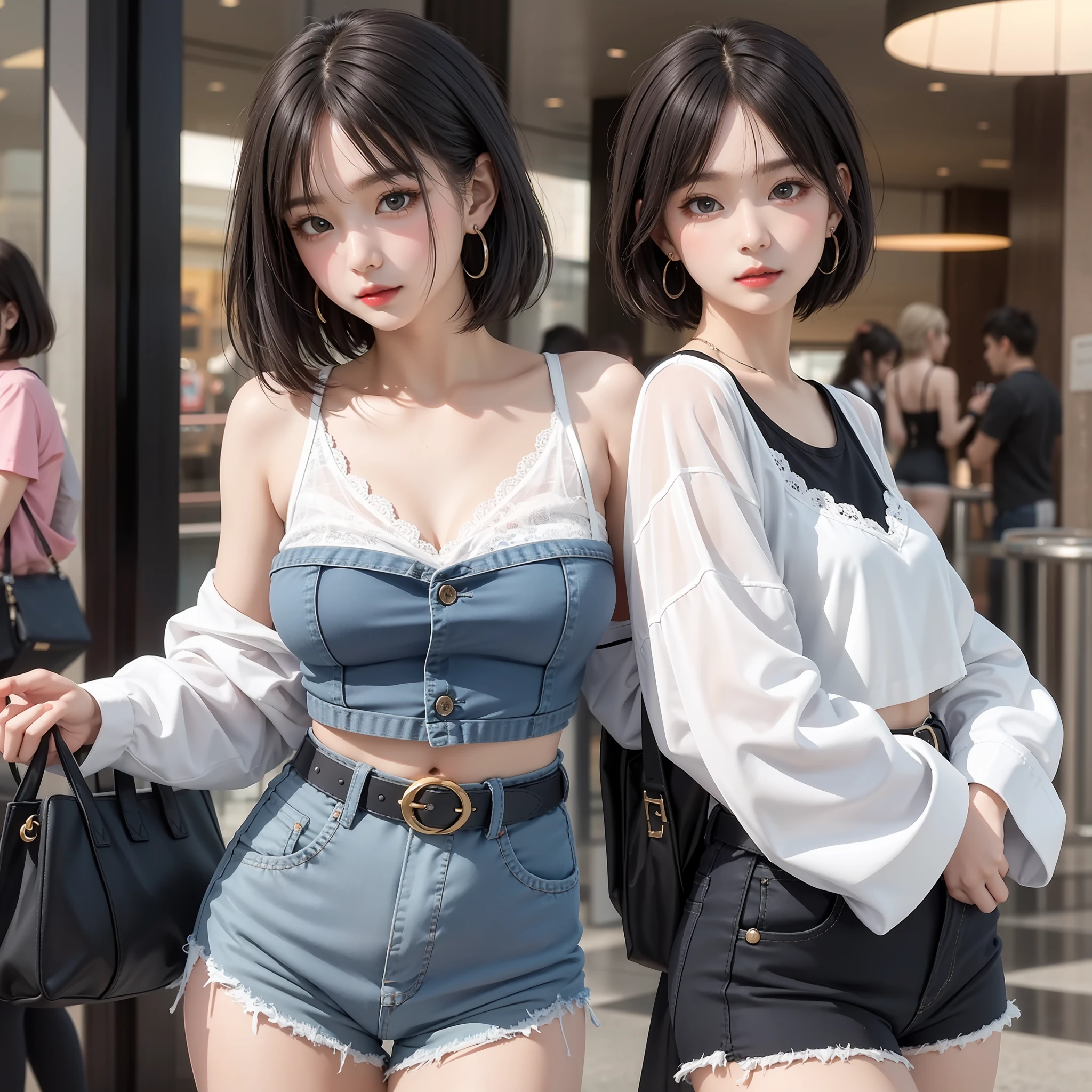 A small loli, masterpiece, light makeup, red lips, short hair, mall background, beautiful and elegant. Ultra-fine details, master works, real texture, cinematic lighting realism, perfect works, 8k, high definition, exquisite facial features. The upper body is wearing an elastic sports crop top, and the exposed small man's waist looks white and clean. The lower body is wearing denim shorts lace, a beautiful belt, sexy tights, and the S-shaped curved body looks very smooth. Slim figure, pear-shaped body, rounded hips, slender small man's waist, sexy chest, vest line, collarbone, bright big eyes, smooth skin, earrings, tattoos, short and cute beautiful legs. Deep in the human, cat cherry lips. Perfect waist-hip ratio