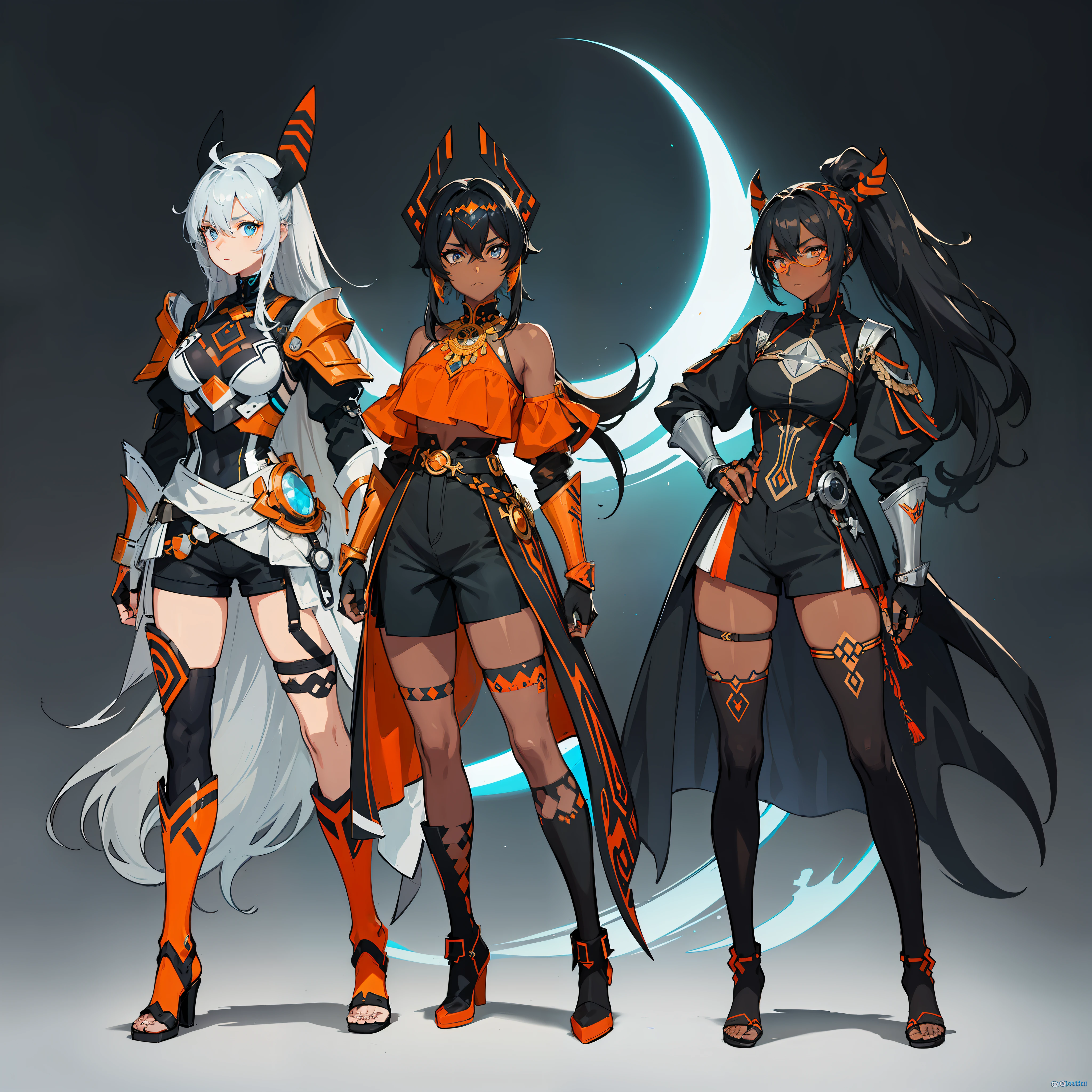 (((One character))), Female, (((Dark Skin)))), Black Hair with Ponytail, Light Blue Eyes, Round Glasses with a Little Dark Lens with this Lens being Orange, and the Light Blue Color frame, (((Black Metallic Gauntlets and Greaves with Orange and Silver Highlights)), (((The Clothes Have a Mix of Modern and Tribal)))), Having Mostly Black Color,  but having Orange Parts, Shoulders on Display, On the Hip a Shorts extending to Half of the Thigh of black color.