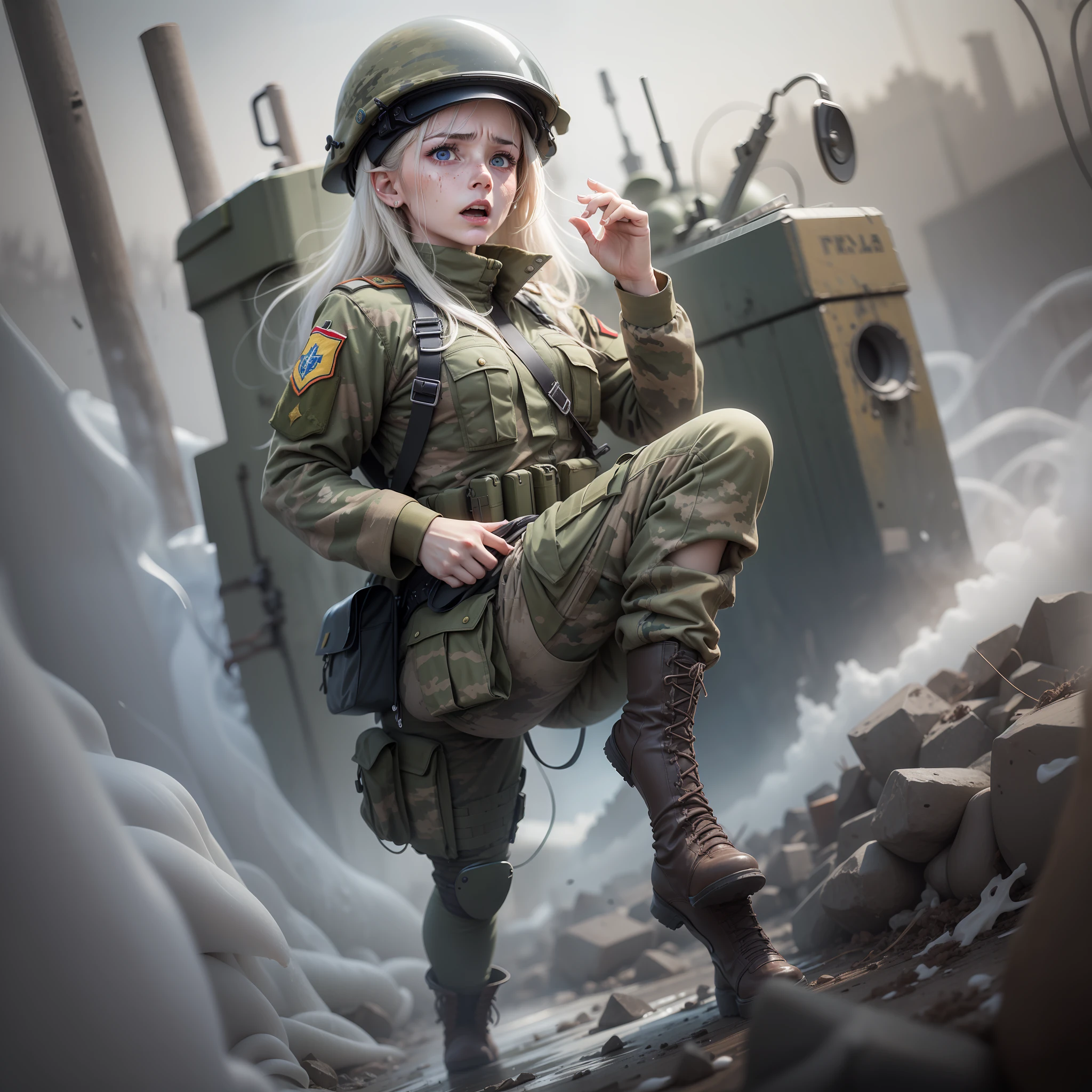A Ukrainian female soldier, dressed in military equipment, her legs were ripped open by tentacles, her clothes were destroyed, there was white liquid on her body and a frightened expression