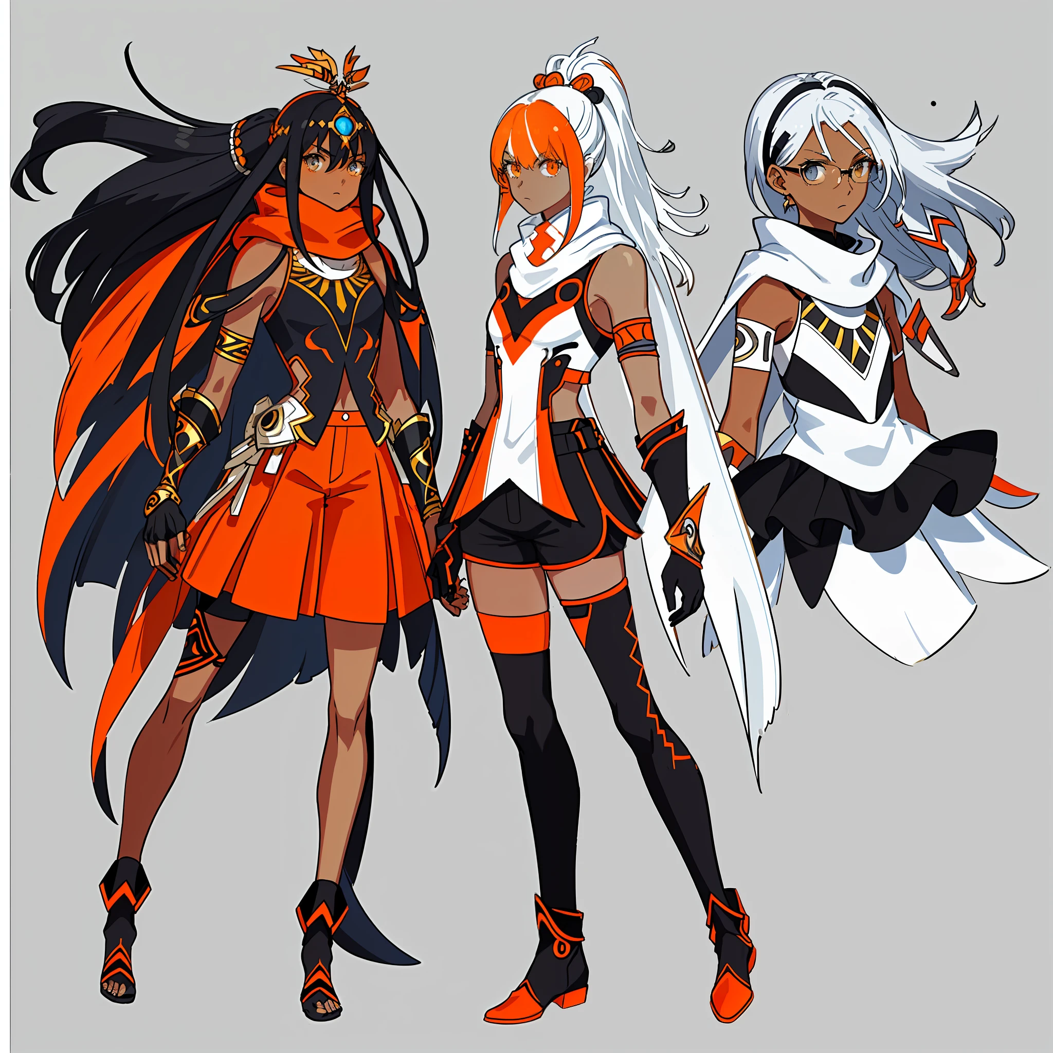 (((white scarf))), (((concept Art))), (((Flat Chest))), (((One character))), Female, (((Dark Skin))), Black Hair with a Ponytail, Light Blue Eyes, Round Glasses with a Little Dark Lens with this Lens being Orange, and the Light Blue Color frame, (((Black Metallic Gauntlets and Greaves with Orange and Silver Highlights)), (((The Clothes Have a Mix of Modern and Tribal))),  having mostly the color black, but having parts in orange, shoulders exposed, at the hip a shorts that extend to half of the thigh of black color.