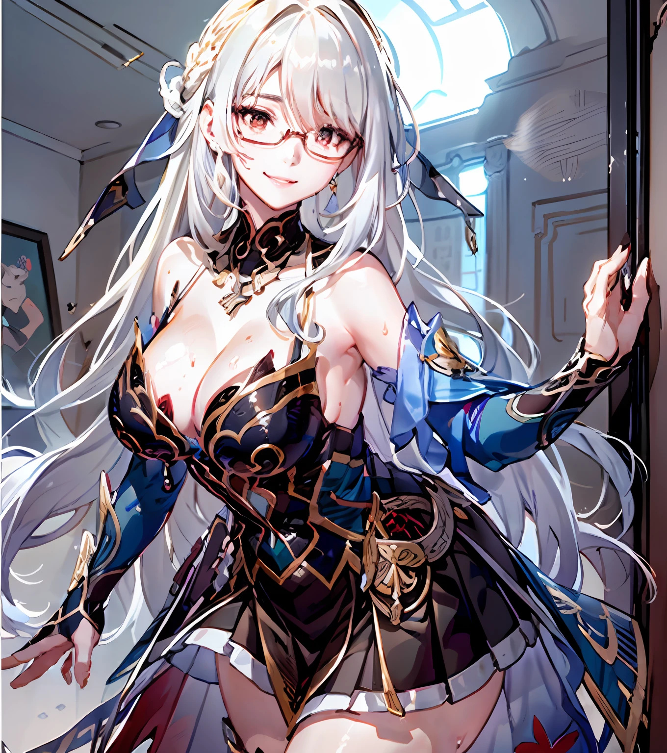 (8k, Masterpiece: 1.2), (hyper-detailed, sexy), (smile: 1.1), ((white wavy long hair): 1.3, beautiful detailed eyes, big black eyes, perfect proportions, bright eyes, light makeup, necklace, earrings, pink and wet lips), 2 sexy big breasts wife standing in a hospital room, she has long white wavy hair, with stylish rimless glasses, wearing a stylish off-the-shoulder shirt and pleated skirt, sweat wet her hair and clothes, sexy and feminine temperament is immediately released, (perfect eyes) Her figure is very sexy, huge breasts, heavy breasts, fitness buttocks, fabric covering breasts, abdominal muscles rupture, white silk tulle, big abs, elastic flesh, fair and moisturized skin, dignified and religious, full body photo), (ambiguous atmosphere, hazy background, fairy tale world: 1.2)