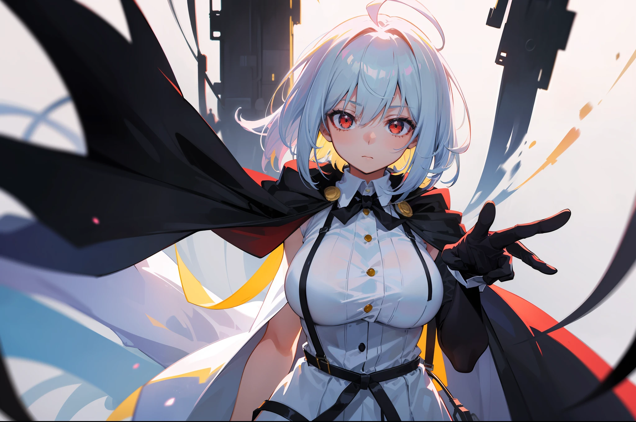 masterpiece, best quality, high contrast, professional photography, soft light, sharp focus, anime style, tall woman with short white hair messy and spiky, ahoge, suit with suspenders, white dress shirt, with red eyes, detailed eyes, (bright eyes), black cape, black gloves, yellow tie, giant breasts